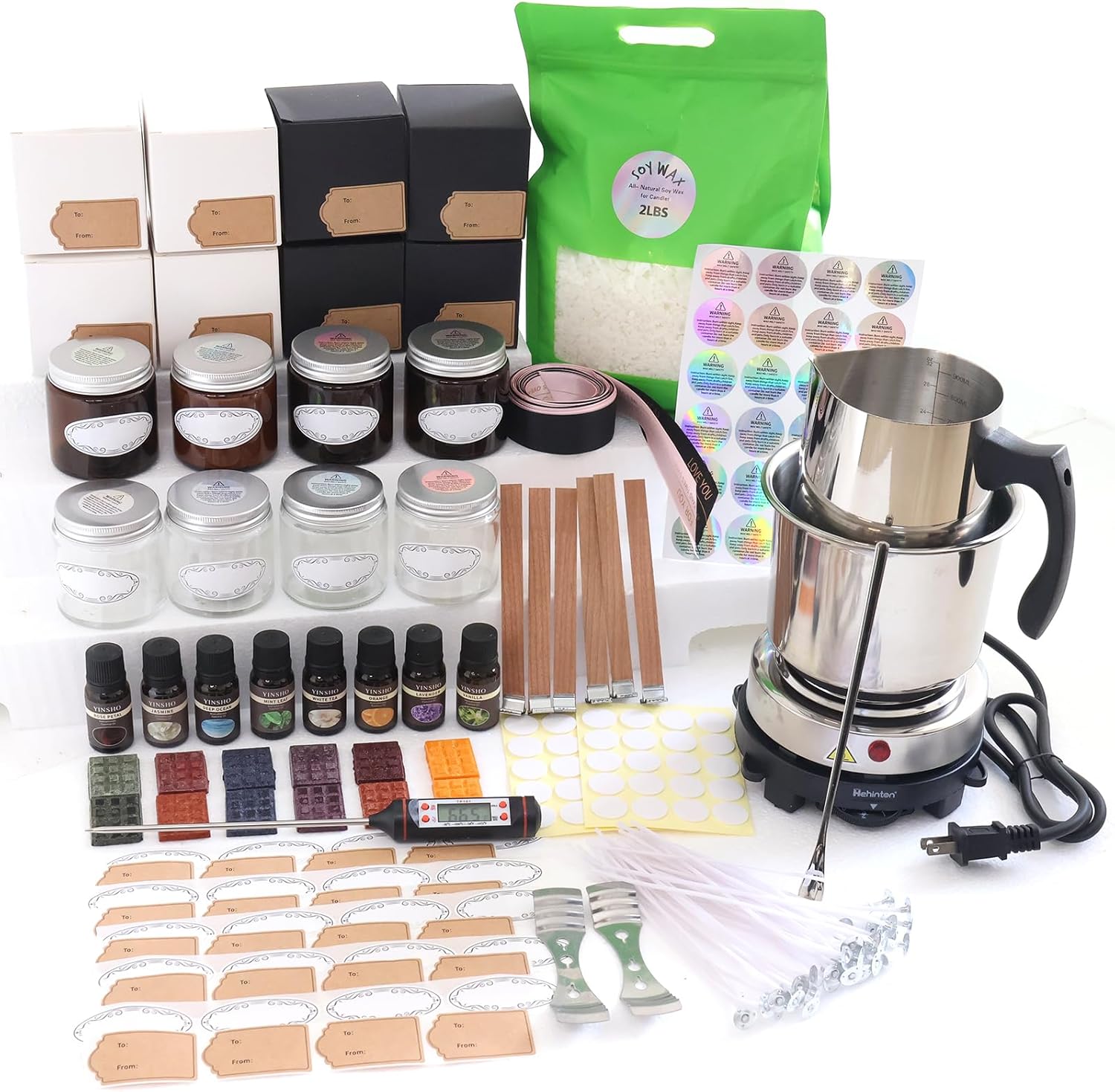 Hehinton Candle Making Kit with Double Boiler Wax Melting Pot, 2Lbs Soy Wax & 8 Jars