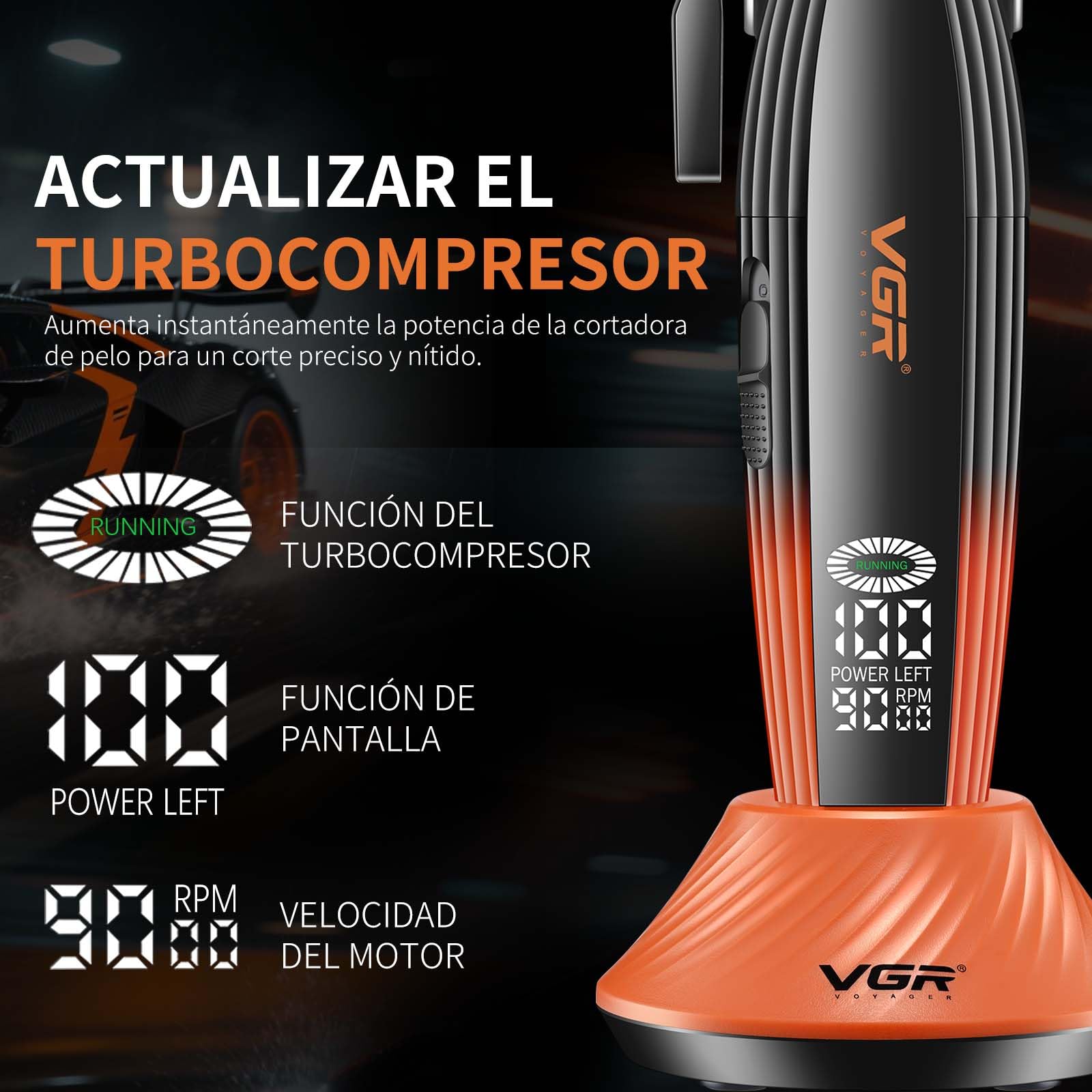 VGR 889C Maquina de Cortar Pelo Hombre Profesional, Función Turbo, Naranja | Máquina de Cortar Pelo Inalámbrica con Base, Cortapelos Ajustable Profesional Para Degradados con , Pantalla LED, Carga USB