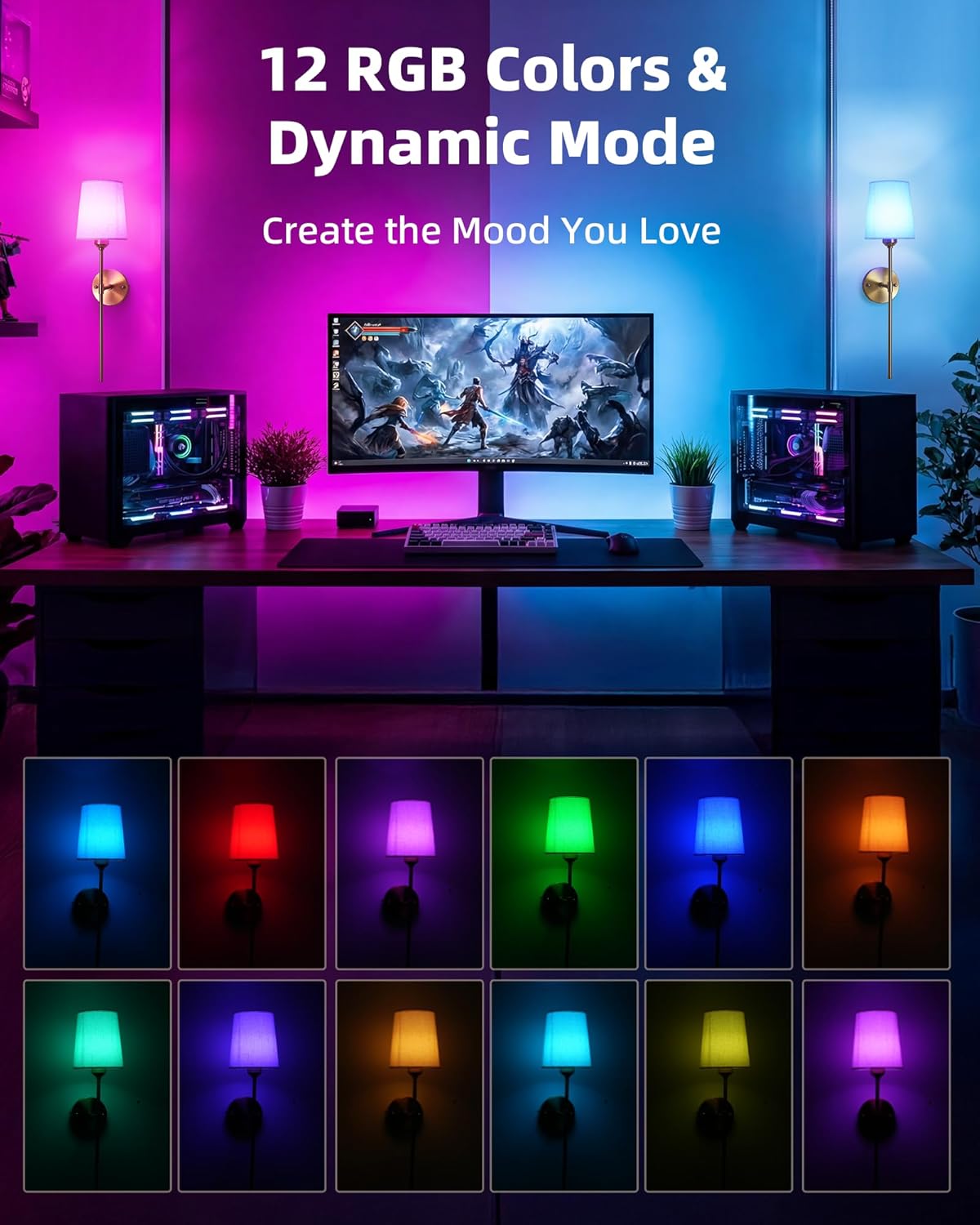 EZVALO Battery Operated Wall Sconces Set of 2, 7500mAh, RGB, Rechargeable Wall Lights with Remote, Dimmable, Magnetic Bulbs, No-Wiring Installation, Wireless Wall Lamps for Bedroom, Living Room