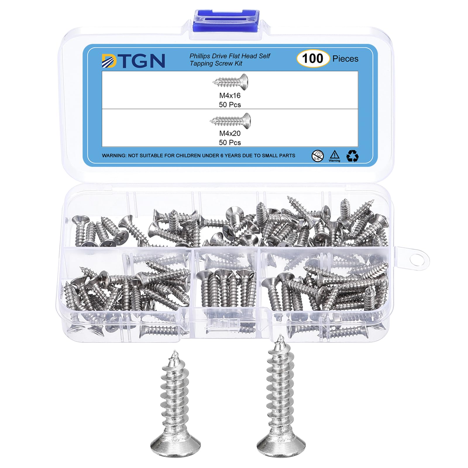 DTGN 100Pcs Wood Screws Assortment Kit, 304 Stainless Steel M4x16mm/ M4x20mm Phillips Flat Head Self Tapping Screws