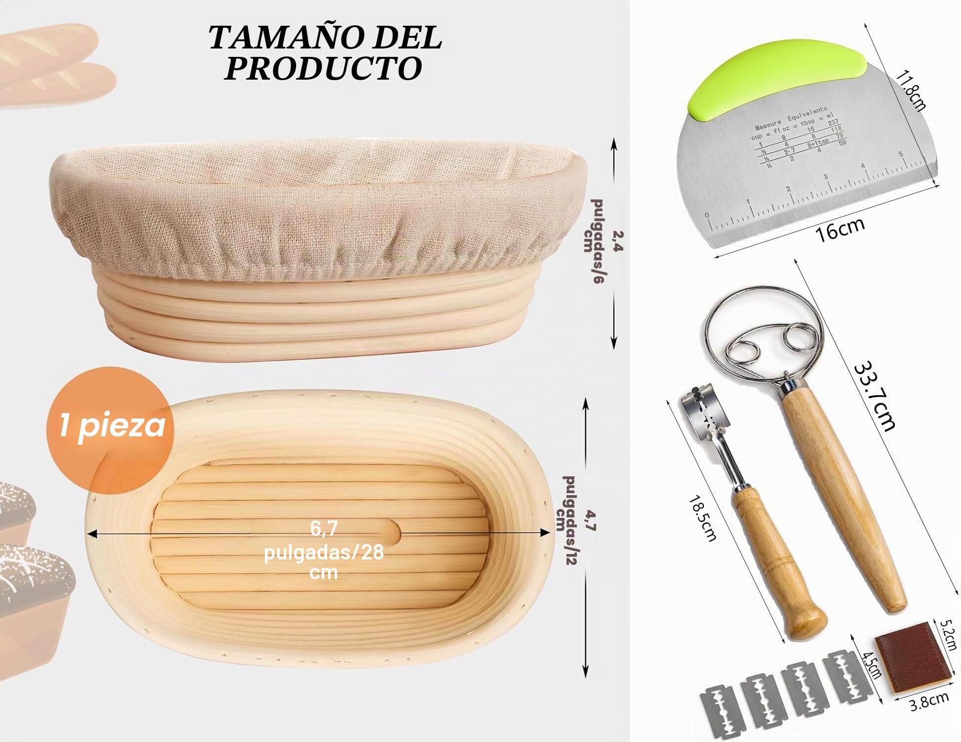 Cesta de Fermentación para Pan 25 cm,Banetones para Pan,Accesorios para Hornear,Incluye Bote Fermentacion,Raspador de Masa,Batidora Danesa
