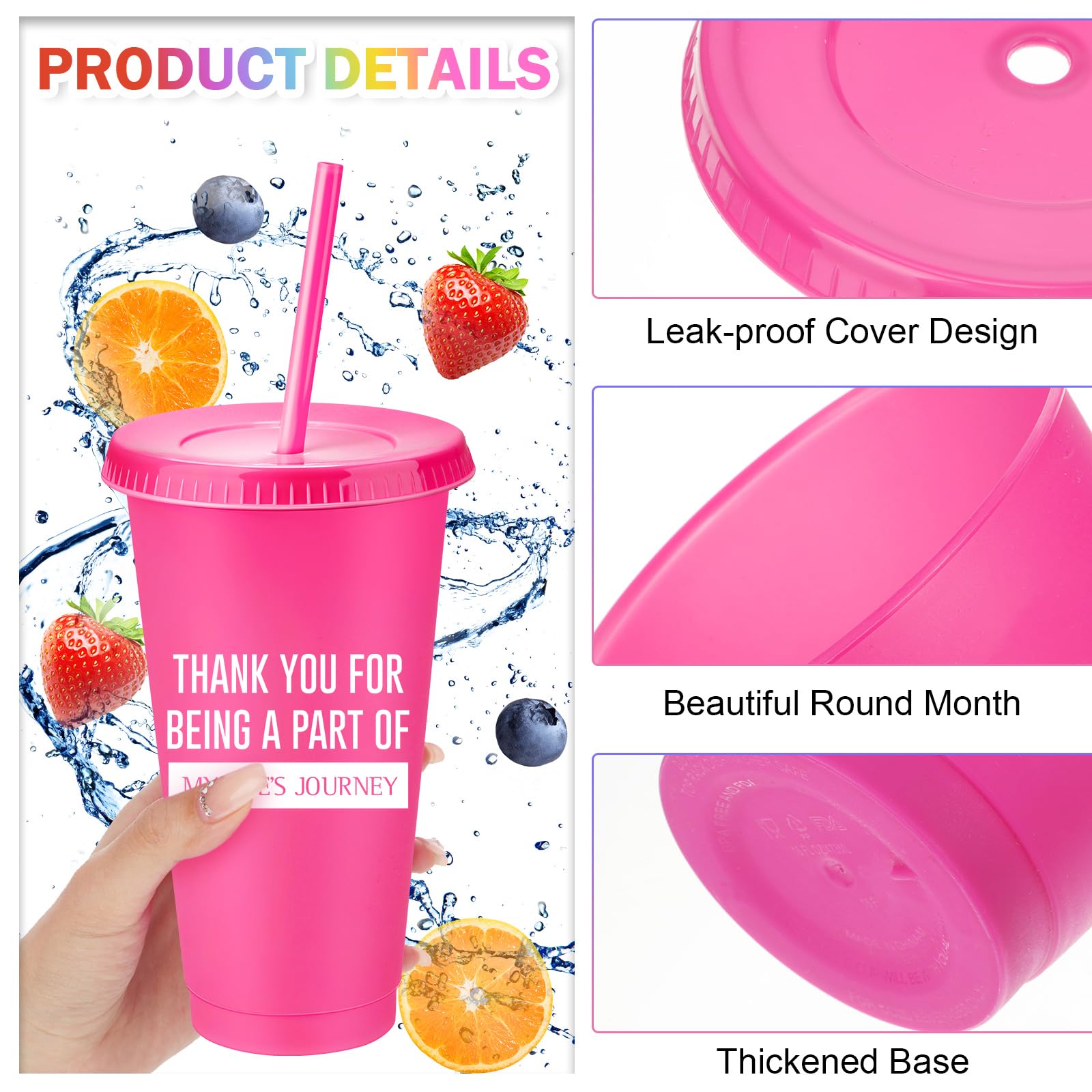 Nuenen Lot de 50 gobelets de reconnaissance des employés avec paille et couvercle - Bouteille d'eau en plastique pour café glacé - 710 ml - Gobelets de remerciement inspirants pour collègue de travail