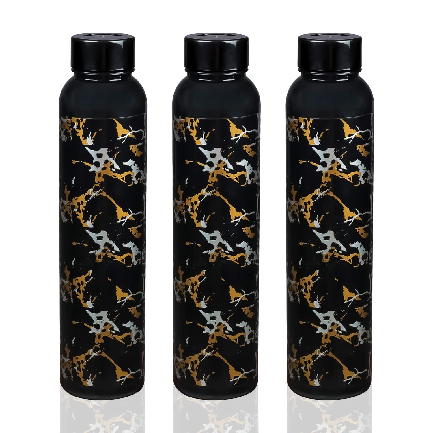 EOVEA Fridge Water Bottle - Plastic, Round, Unbreakable, Leak Proof, Black Golden, 1 Litre (Set of 3)