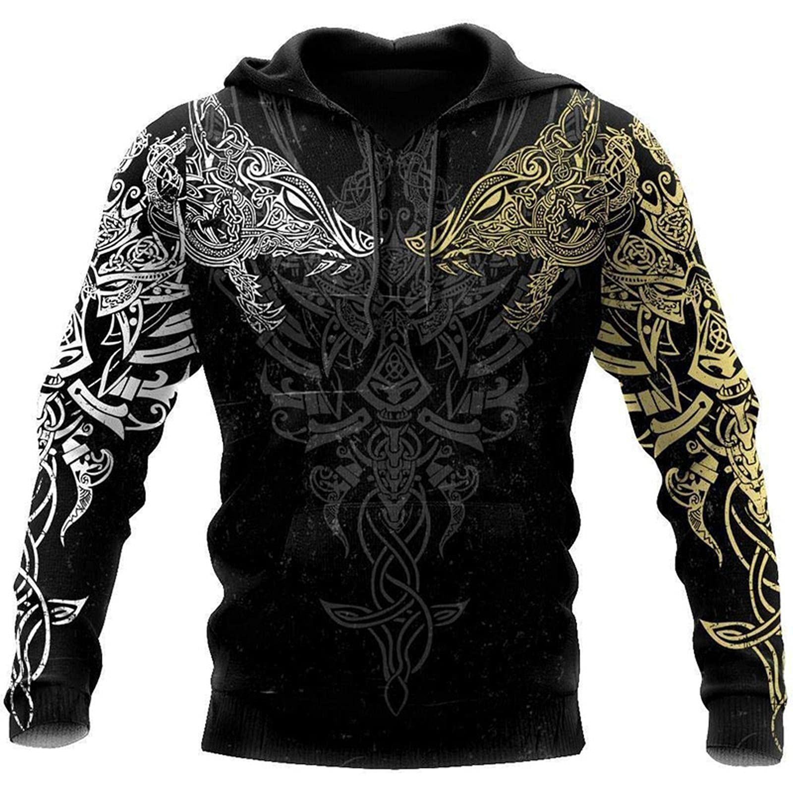 Chahuer Men Viking Hoodie Norse Mythology Viking Tattoo Print Long Sleeve Hooded Sweatshirt Color3 L SWEATSHIRT