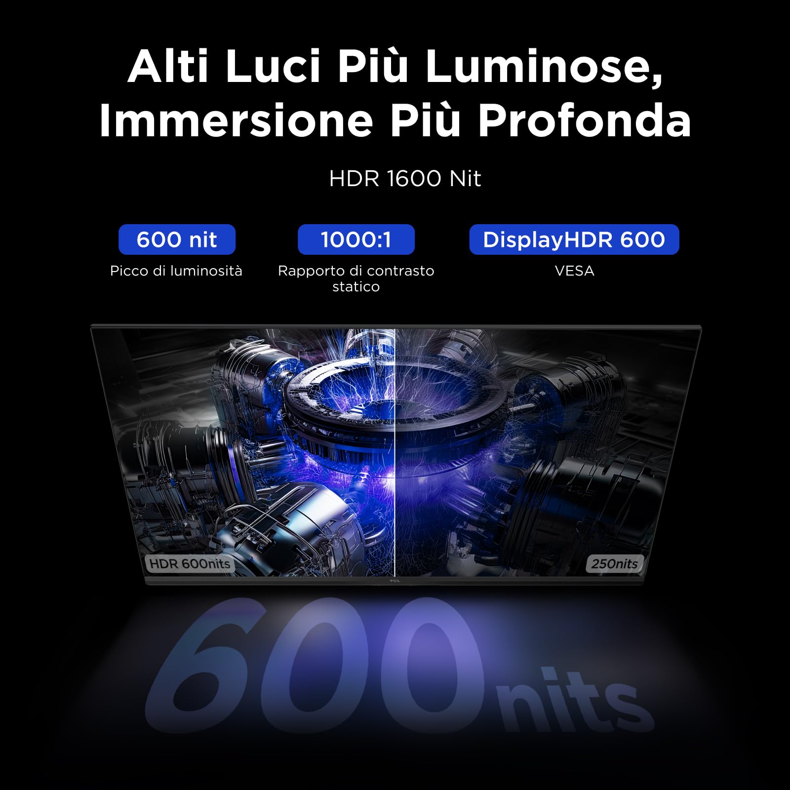 TCL 27G64 Gaming Monitor LED QD Mini da 27 polliciitem namerisoluzione QHD,180 Hz,parnello Fast HVA,HDR 600 nit, tempo dirisposta GTG di 1ms, compatibilità AMD Freesymc, G-Sync