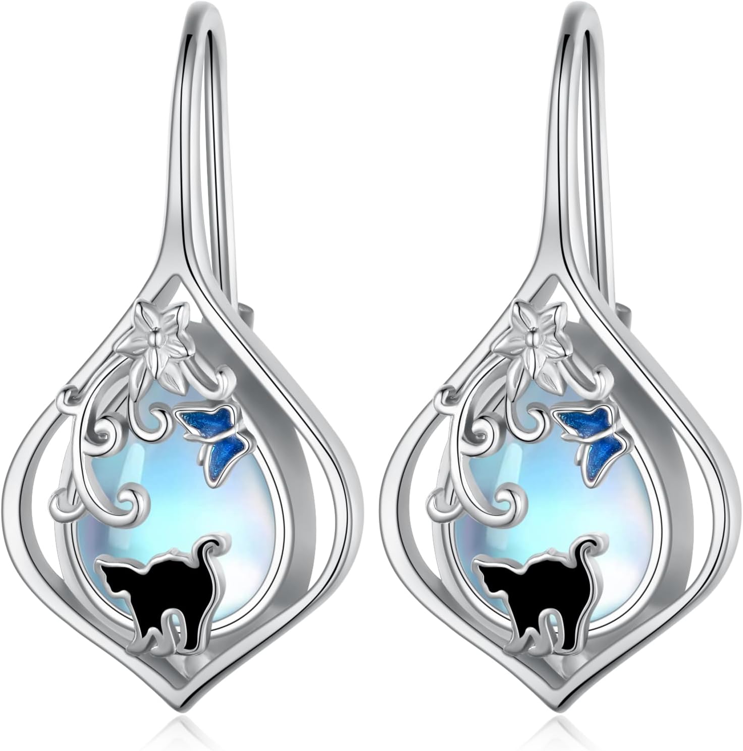 Black Cat Earrings for Women 925 Sterling Silver Moonstone Butterfly Leverback Earrings Black Cat Jewelry Gifts for Women