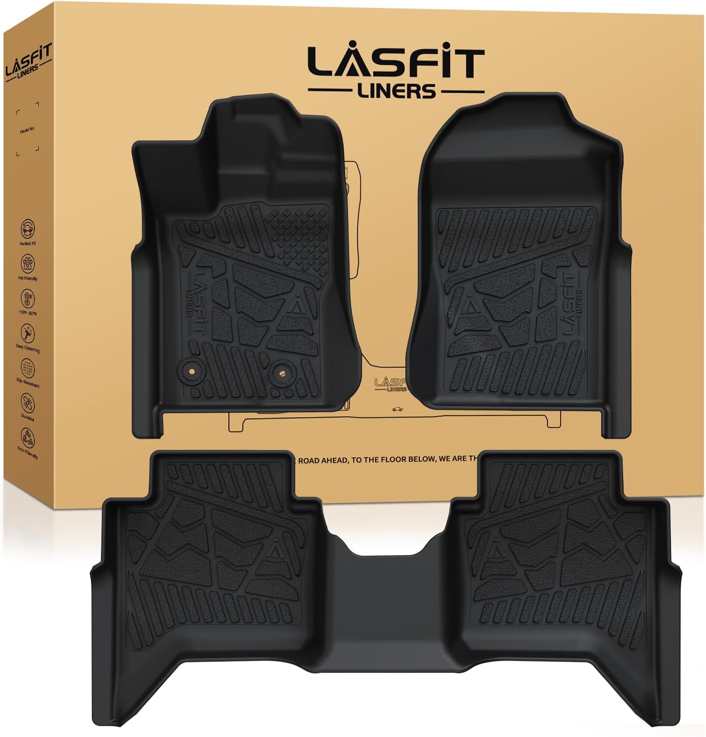 LASFIT Floor Mats for Ford Ranger 2025 2024 SuperCrew Cab All Weather Truck Protector TPE Carpeted Floor Liners, Front and Rear Row, 3pc Black 7) Ranger| 24-25 | 2Rows