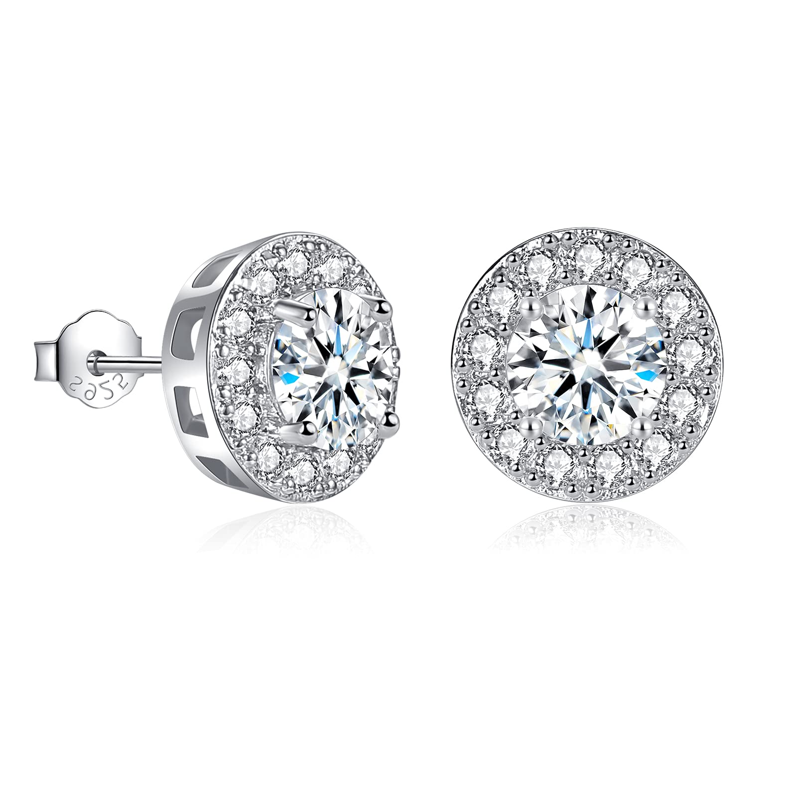 Silver Stud Earrings for Women Girls, Sterling Silver Round Halo Cubic Zirconia Studs, Dainty Bridal Diamond Stud Earrings Jewellery Set for Wedding Anniversary (Silver, Gold, Rose Gold)