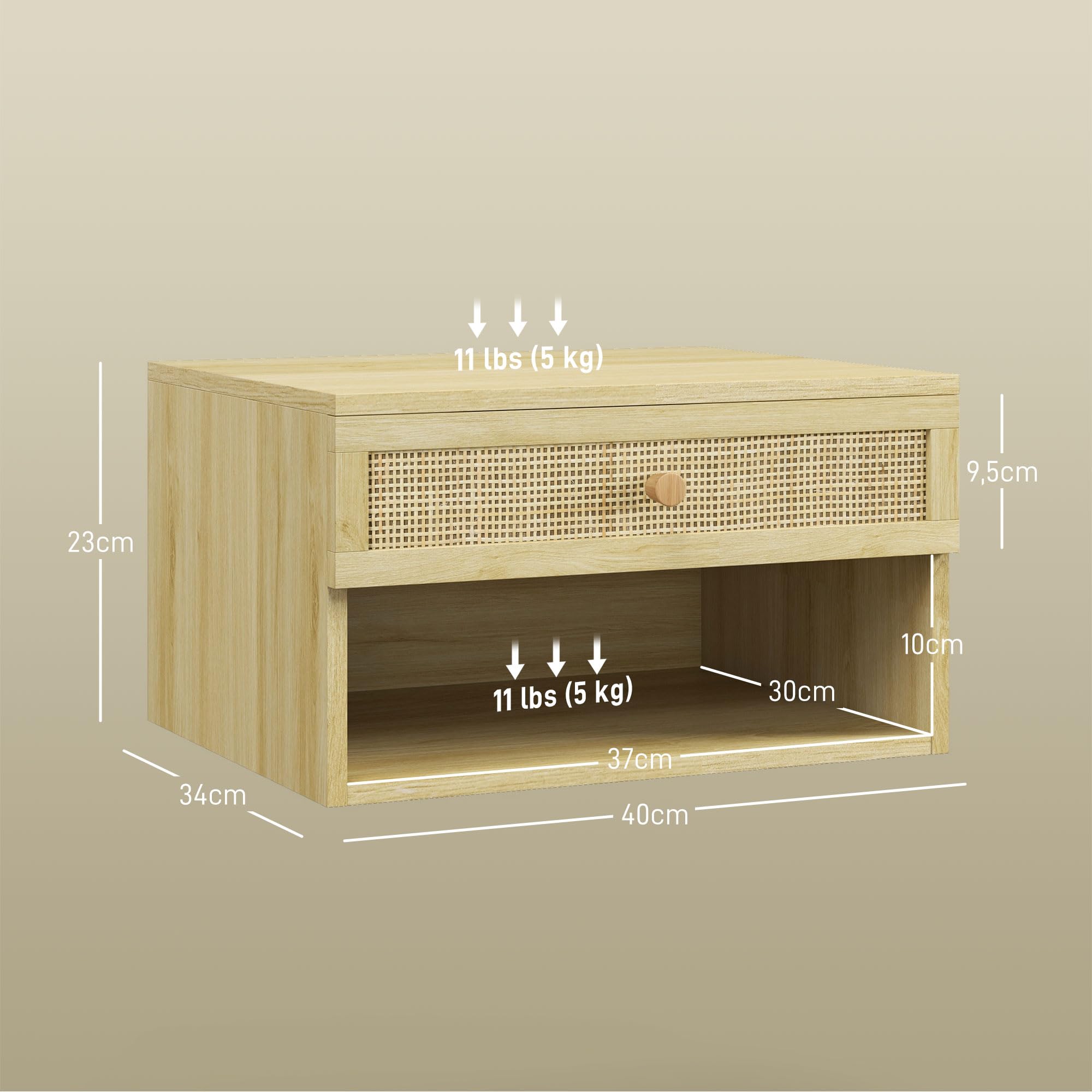 HOMCOM Juego de 2 Mesitas de Noche Flotantes de Pared 40x34x23 cm Natural | con Cajón de Ratán y Estante Abierto, Mesillas de Noche Dormitorio, Estilo Nórdico, para Sala de Estar