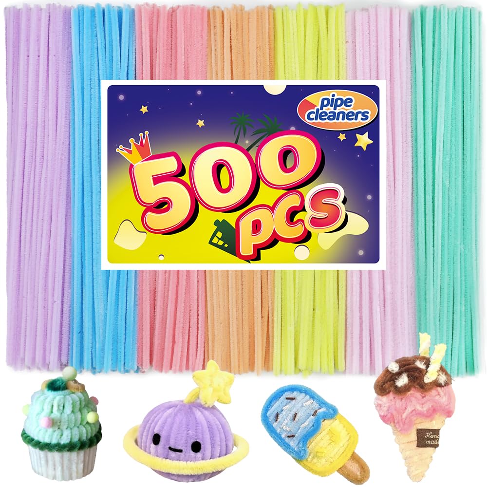 Bundooraking Craft Pipe Cleaners,Chenille Stems for Art and Craft Projects, Flower DIY Decorations, Art Supplies (500pcs Macaron,7 Colors)