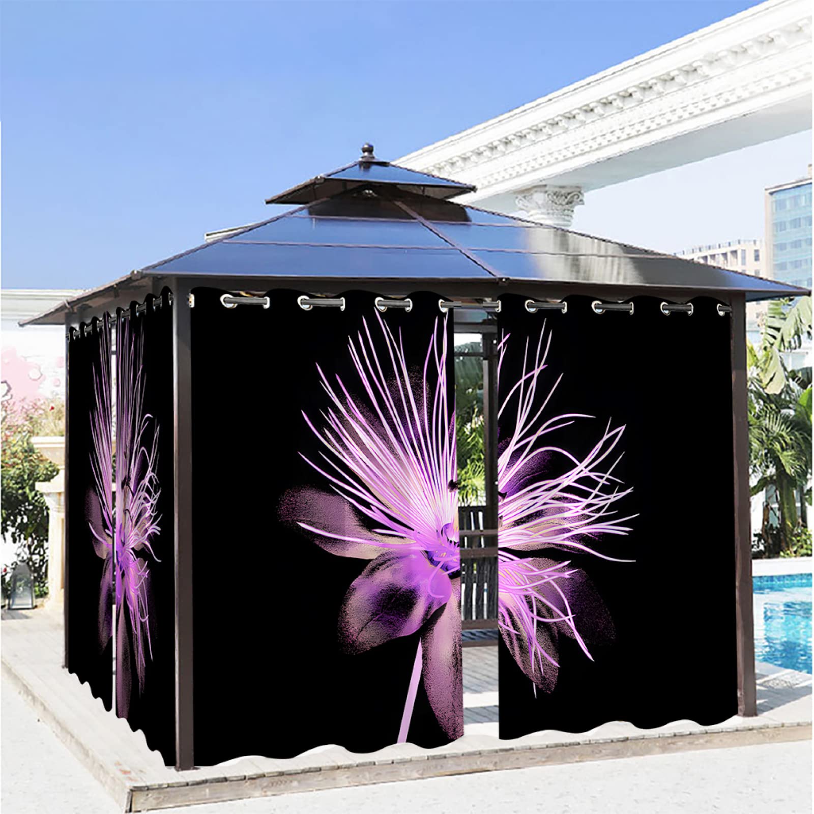 Rideau jardin extérieur occultant thermique fleur noir 132x275cm avec œillets pour pergola