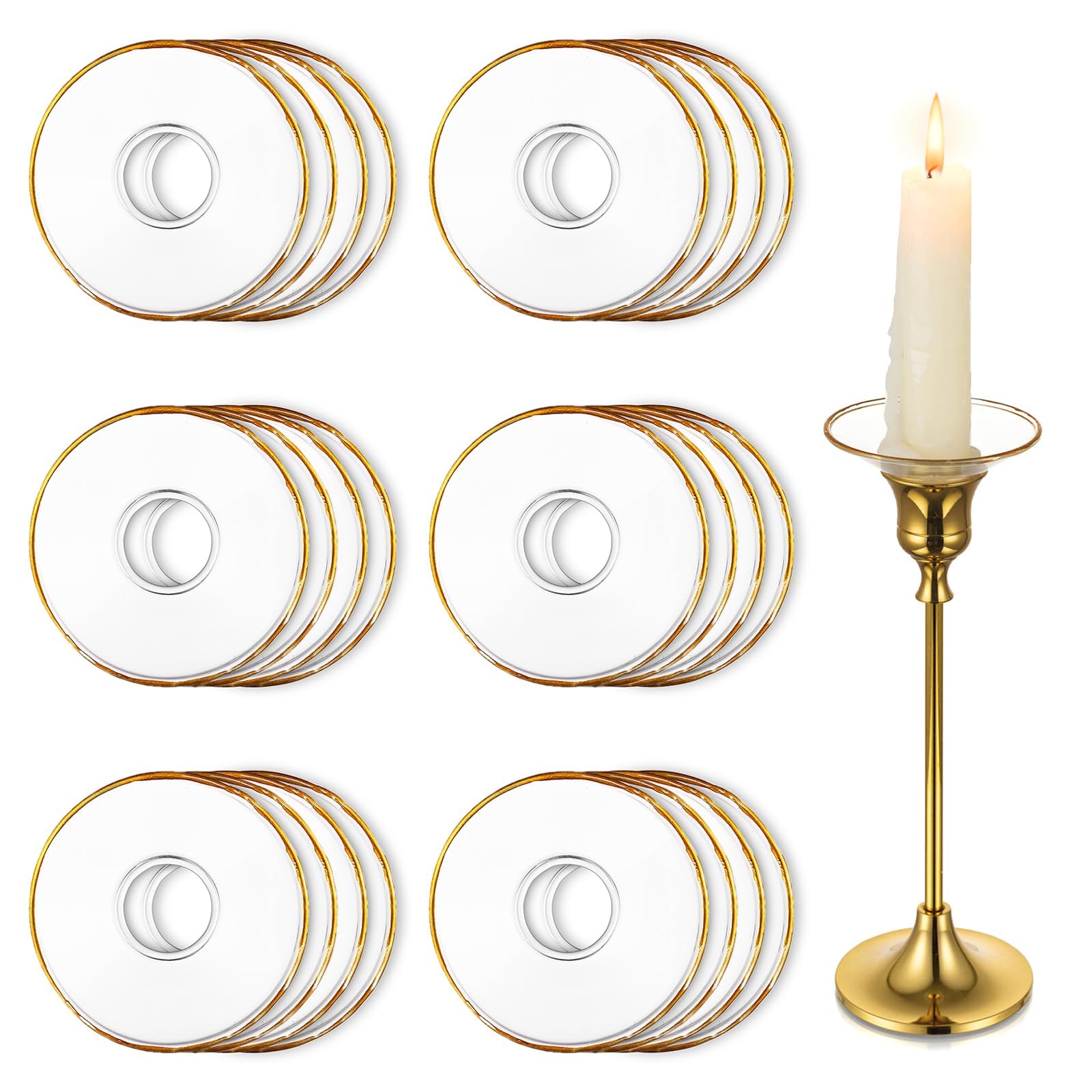 Hewory Lot de 24 bougeoirs en verre pour bougeoirs, anneaux de protection contre les gouttes pour chandeliers, pour fête de mariage, église, maison (rond, bord doré)