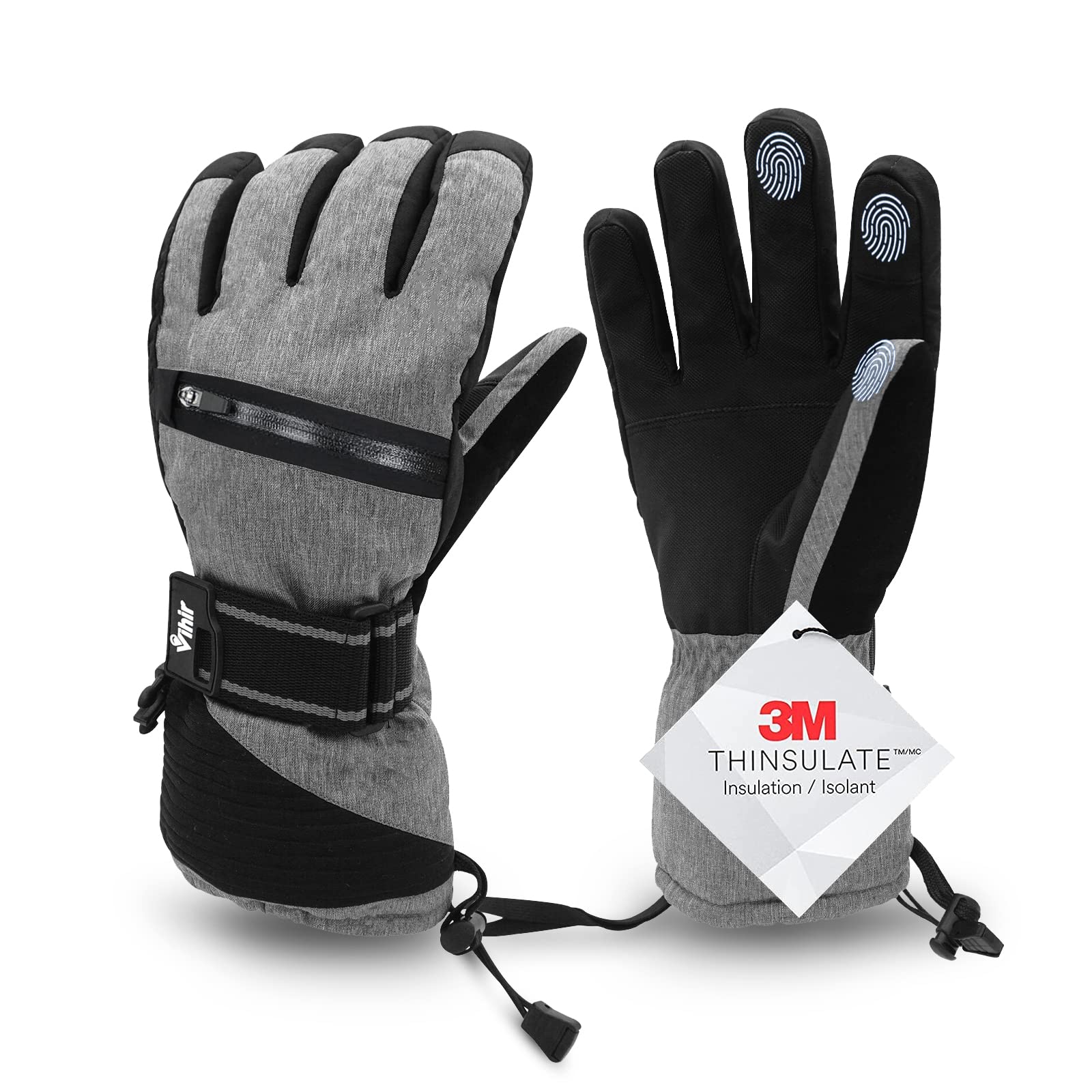 Vihir Gants de Ski d'hiver pour Homme et Femme, Gants Thermiques 3M Imperméables, Gants de Cyclisme Chauds, Vent Respirant Antidérapant Idéal pour Ski Snowboard Course Cyclisme