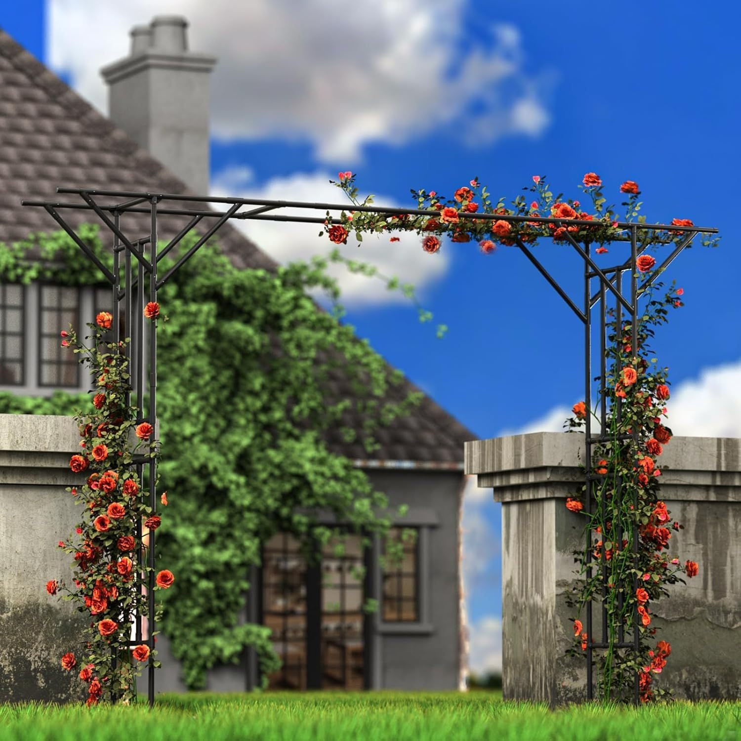 Metal Garden Trellis, 142" L X 106" H Large Garden Arch Trellis for Climbing Plants Stable Arbor Trellis Decoration Trellis for Wedding Lawn Backyard (Black)