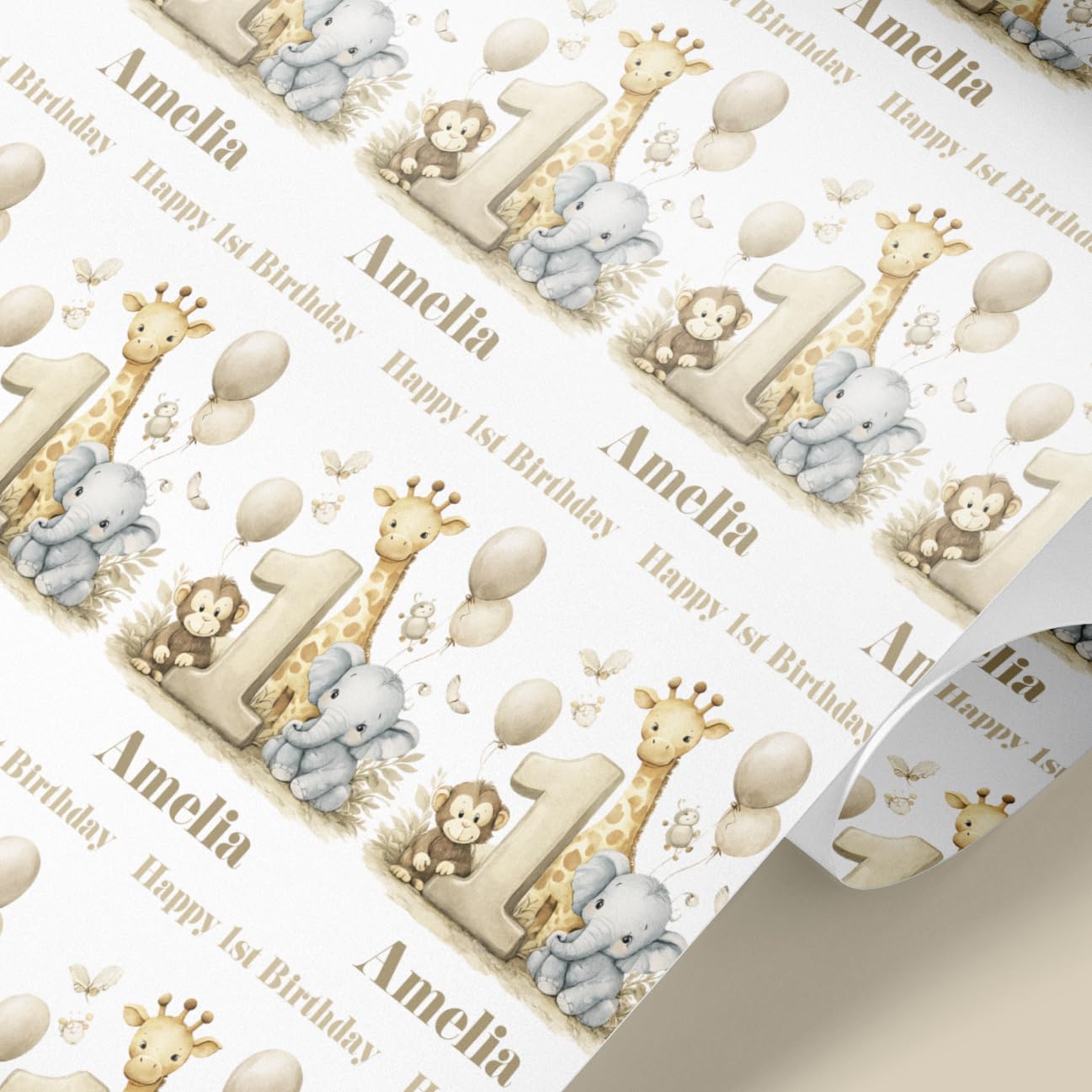 Personalised 1st Birthday Wrapping Paper – Safari Animals Baby Gift Wrap with Name – Elephant Giraffe Monkey Design – Premium Personalised Birthday Gift Wrap – UK Printed – 61cm Wide Roll (6mt)