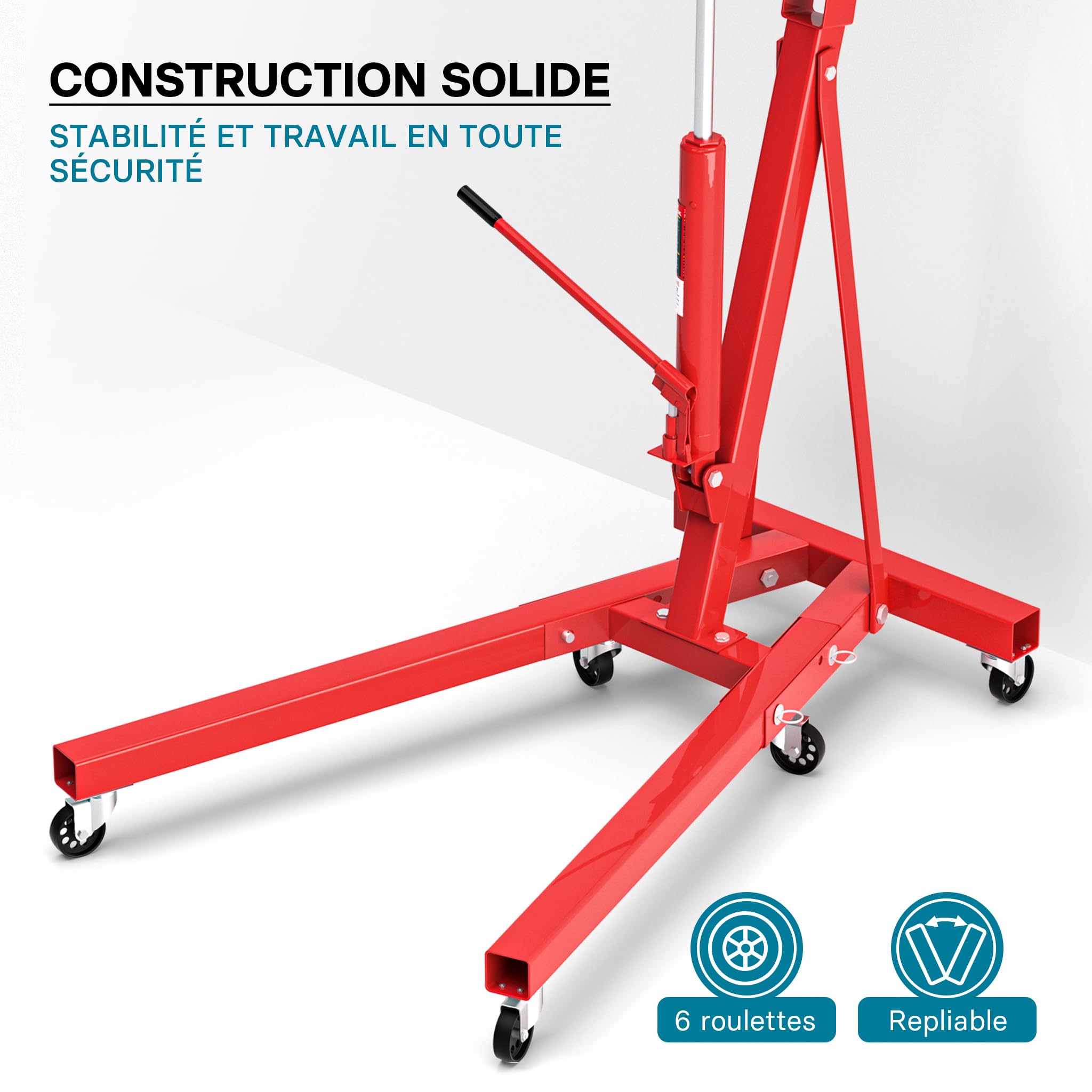 Wiltec Grue d’Atelier – Capacité Max. 1000 kg – Hauteur Max. 1840 mm – Bras Levage 857-1133 mm – Chèvre d’Atelier en Acier – Lève-Moteur Hydraulique Pompe Double Dispositif de Levage