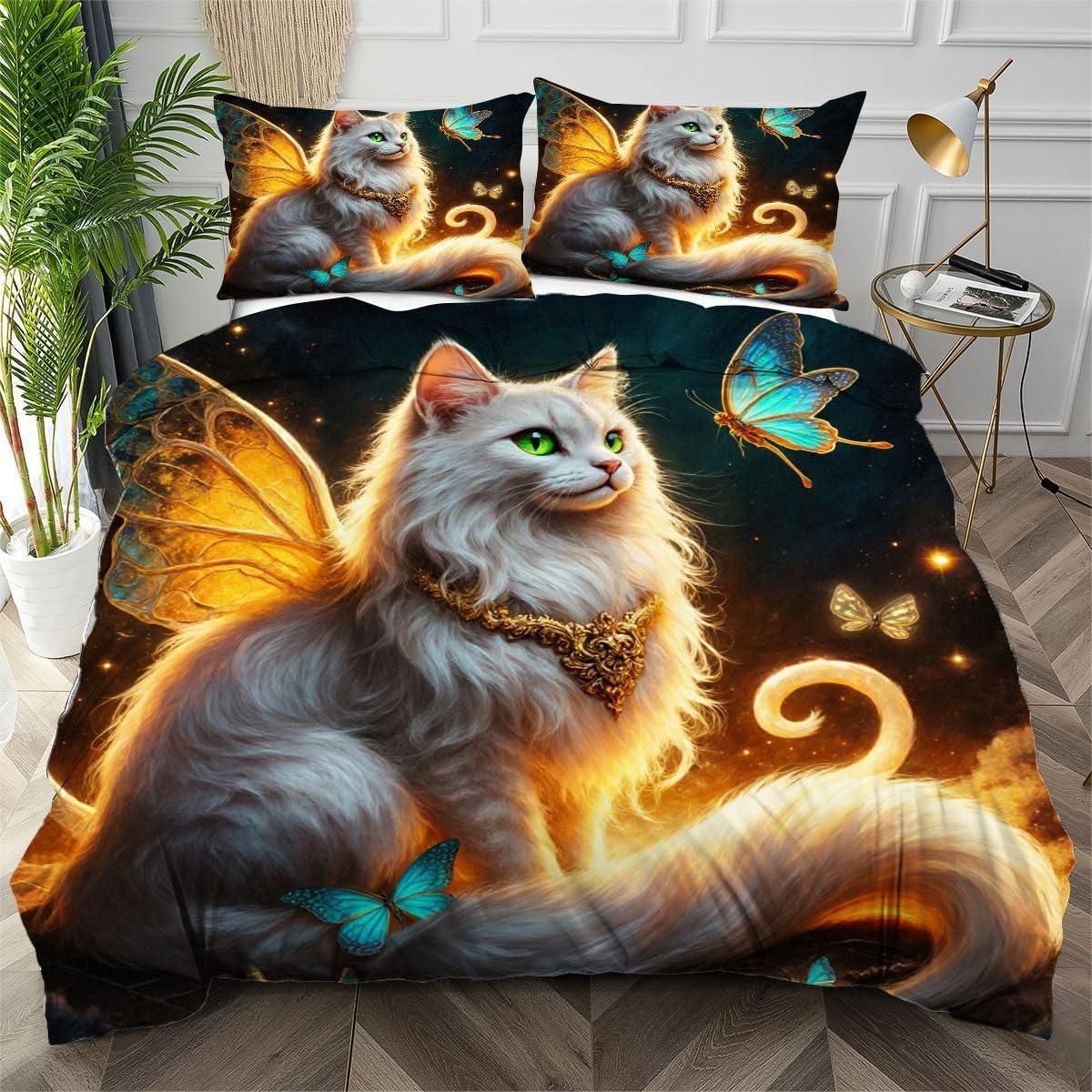 Parure de lit chat 160x200 microfibre avec housse de couette 3D et taies