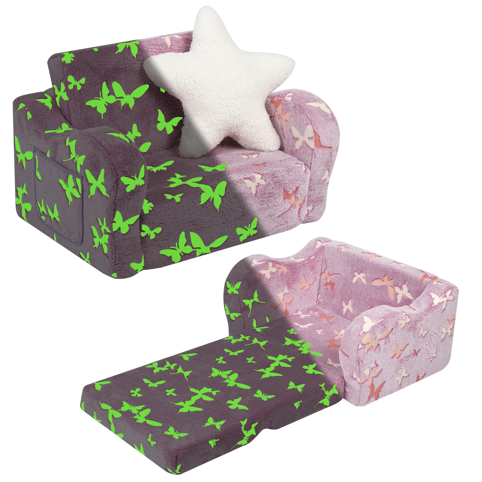 MOMCAYWEX Butterfly Glow in The Dark Toddler Couch, 2-in-1 Toddler Soft Couch Fold Out with Star Pillow, Convertible Sofa to Lounger for Girls and Boys, 1-Seat