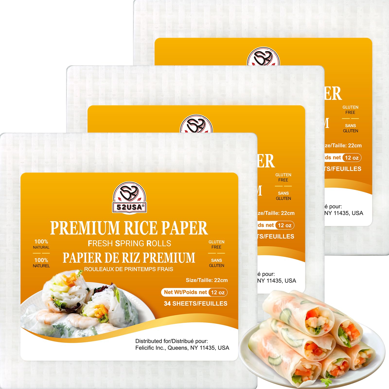 52USA Square Rice Paper, 3 Pack, White Rice Paper Wrappers, Fresh Spring Roll Wrappers & Dumplings-102 Sheets, Gluten-Free Wonton Wrappers, Vegan, Low Carb, Vietnamese Rice Wraps (22cm, 36 oz) Pack of 3 (102 Sheets)