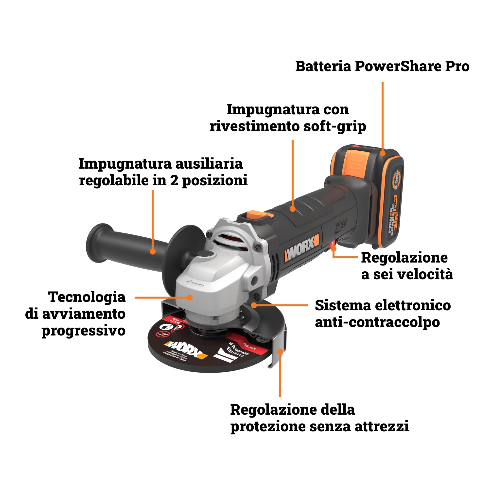 WORX WX808 Smerigliatrice angolare a batteria 20 V, disco da 115 mm, 6 velocità da 2.500 a 11.000 giri/min, cuffia di protezione, impugnatura SoftGrip, batteria 4,0Ah e caricabatterie inclusi