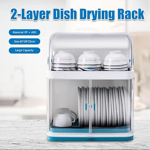 Miniatura 4 de Escurridor de platos con tapa, estante de secado de plástico de 2 niveles para cocina, platos y almacenamiento de platos