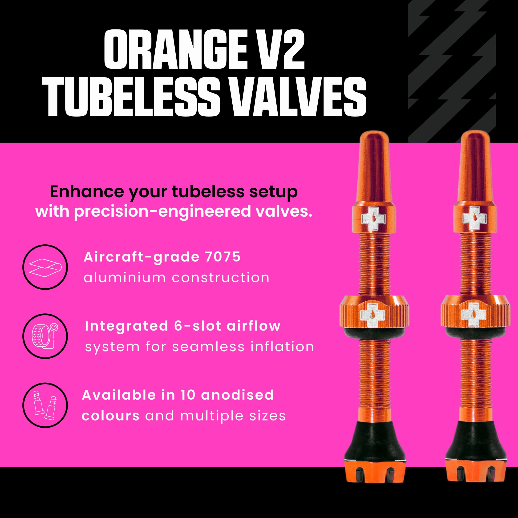 Muc-Off Valves Presta Tubeless - 44 mm - Valves de Vélo Anti-Fuite de Qualité Supérieure avec Outil Démonte-Obus de Valve Intégré - Orange