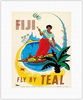 Fiji Fly by TEAL - Tasman Empire Airways Limited - Fijian Native Poles a Canoe - Vintage Airline Travel Poster by Arthur Alfred Thompson c.1950s - Fine Art Rolled Canvas Print 11in x 14in