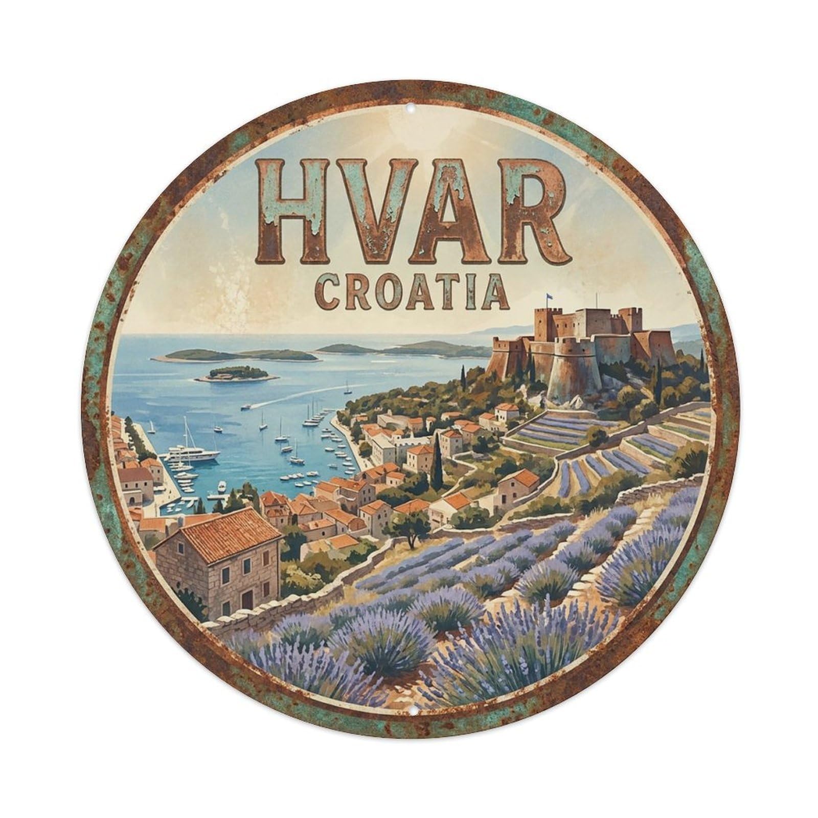 Croatia Vintage Travel Hvar Vintage Metal Tin Sign Plaque Wall Decor for Cafe, Club Bar, Office, Garden Metal Poster 8x8Inch