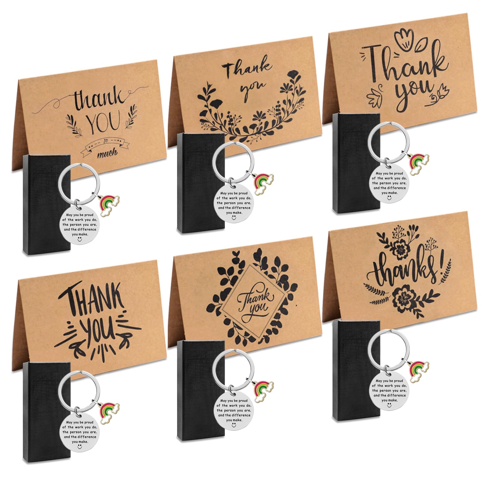 PletminThank You Teacher Gifts with Rainbow Keyring, 6 Packs Leaving Gifts for Colleagues Thank You Card with Envelope Stainless Steel Inspirational Keychain for Thanksgiving Christmas