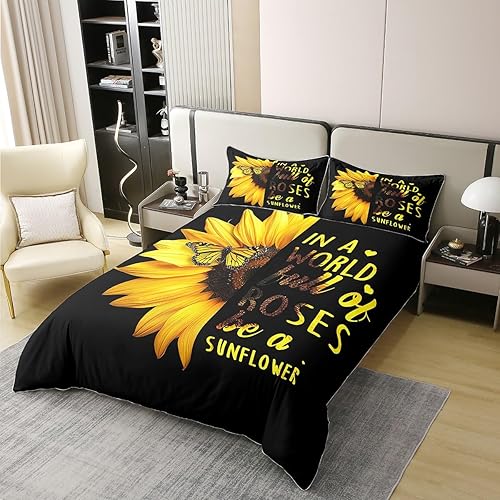 Miniatura 2 de Erosebridal Funda de edredón con diseño de girasol y mariposa para niñas, juego de ropa de cama floral amarilla, tamaño King, bohemio, elegante,