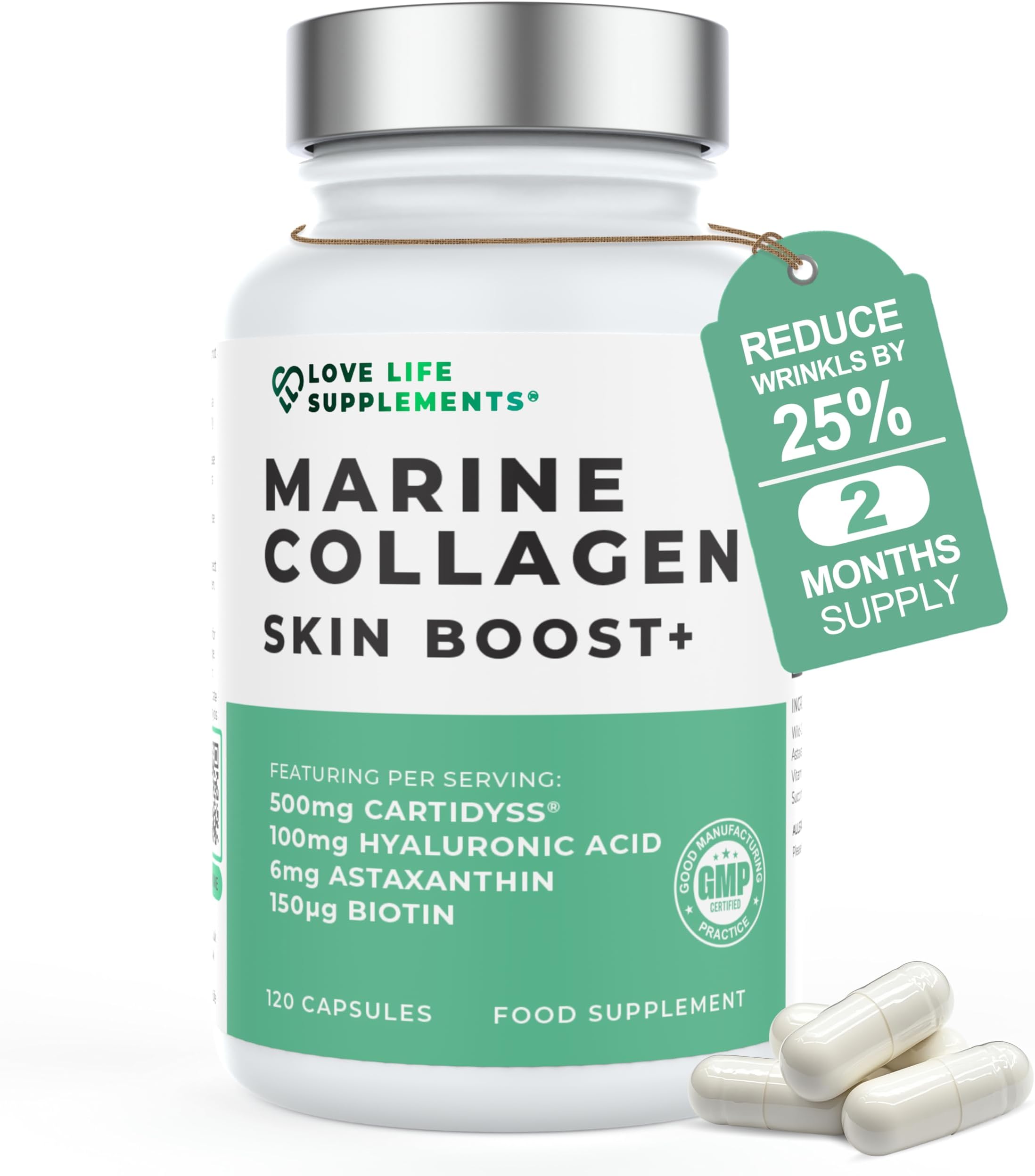 Marine Collagen Skin Boost+ with Astaxanthin & Hyaluronic Acid, 120 Capsules - 2 Month Supply, Also Cartidyss® (Type II), Vitamin C, Vitamin E, Bamboo Stem Extract, Biotin - for Skin, Hair, Nails