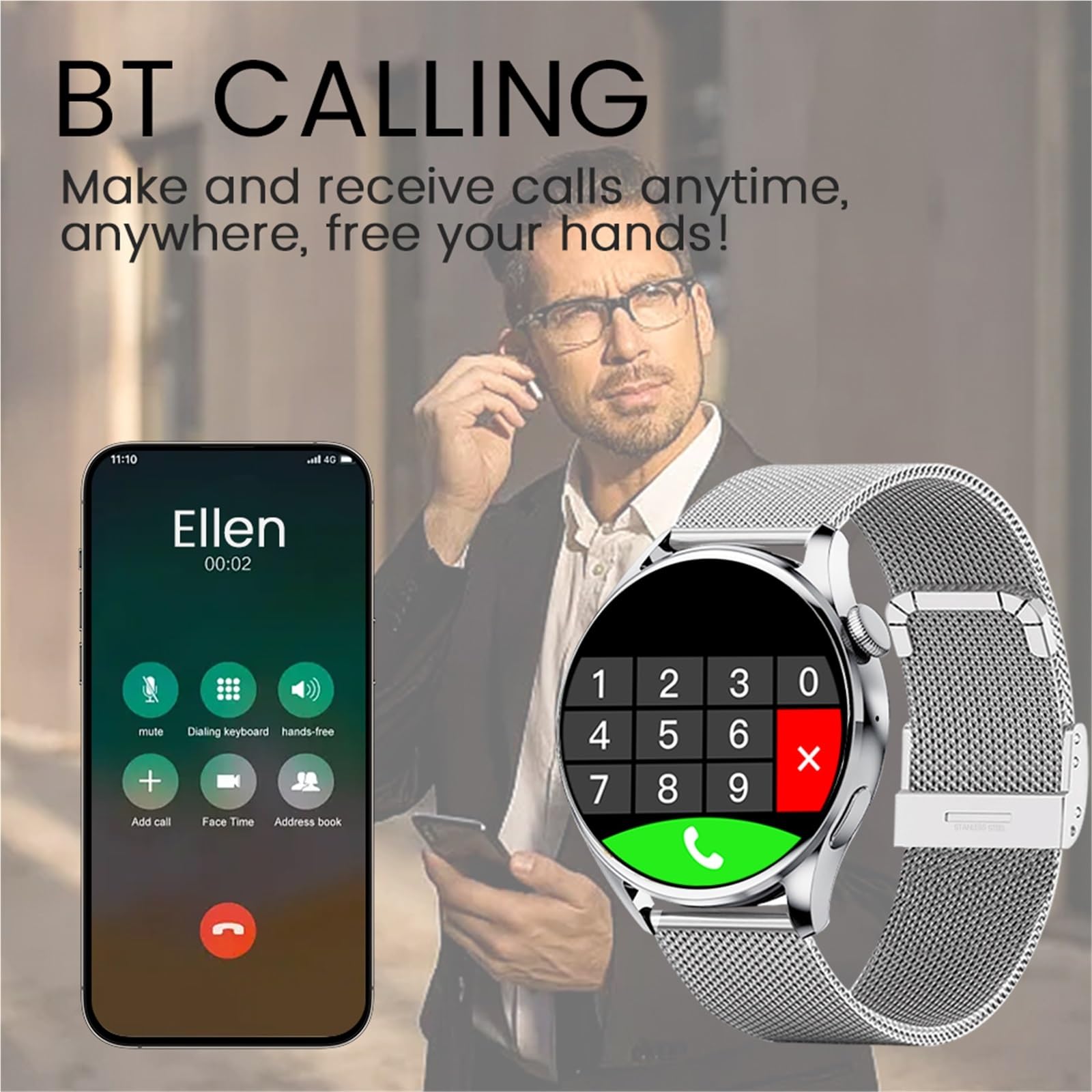 Inteligentny zegarek Bluetooth przypomnienie o połączeniach kroki śledzenie kalorii monitorowanie tętna okrągły inteligentny zegarek (czarny-BK)