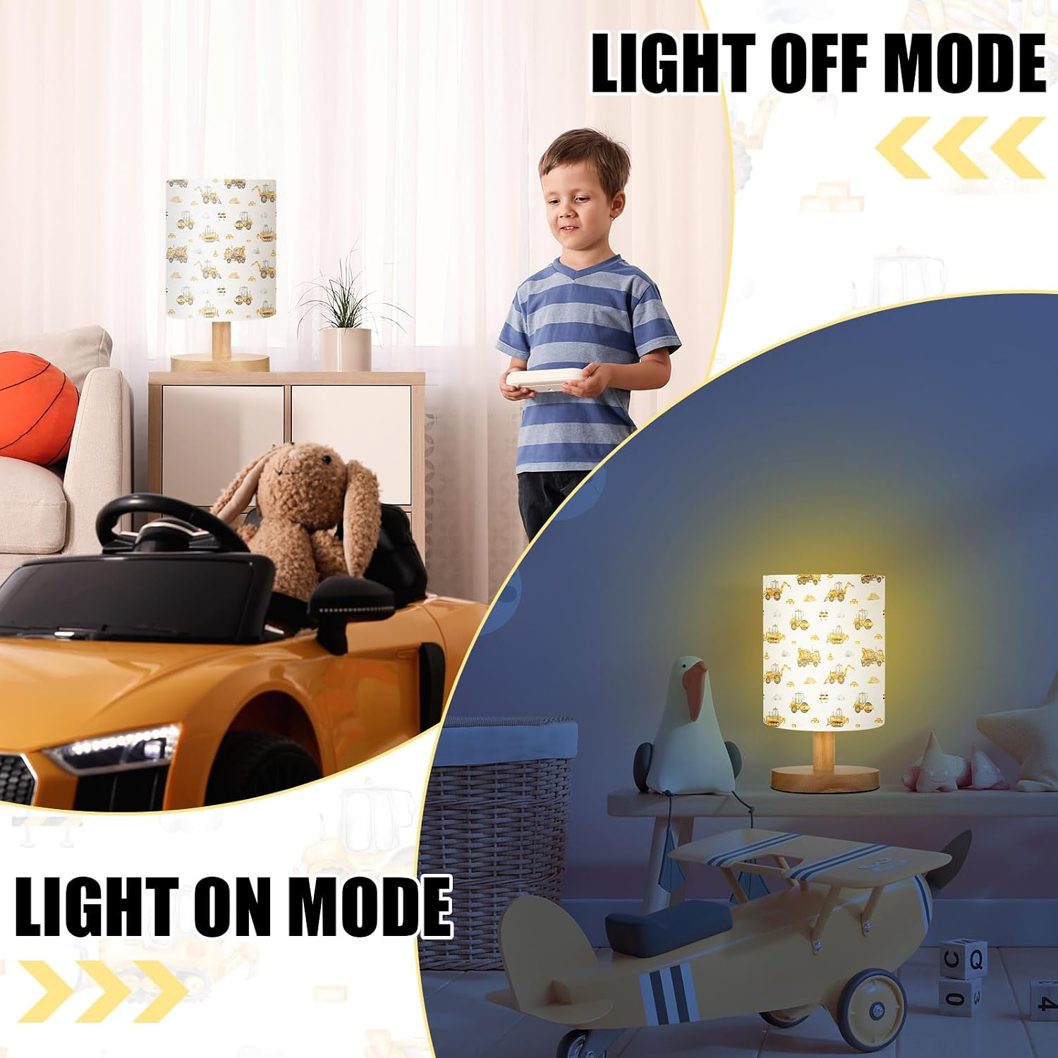 VIHOSE Car Kids Table Lamp for Bedroom Kids Bedside Lamp with Linen Wooden Nightstand Cartoon Nursery Lampshade for Girls Boys Living Room