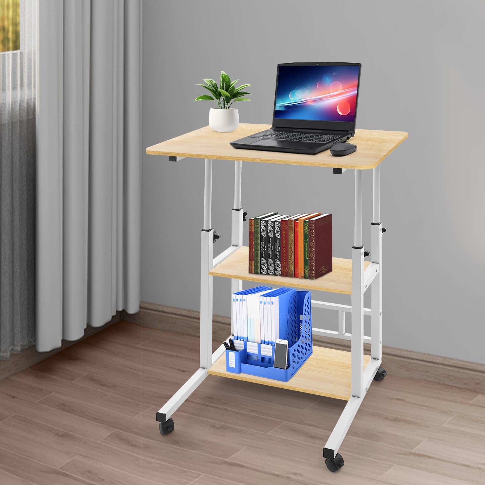 Comodino regolabile Overbed, scrivania mobile a 3 livelli, per soggiorno, ufficio, casa, studio, colore legno, 60 x 40 cm, altezza regolabile: 60 – 90 cm