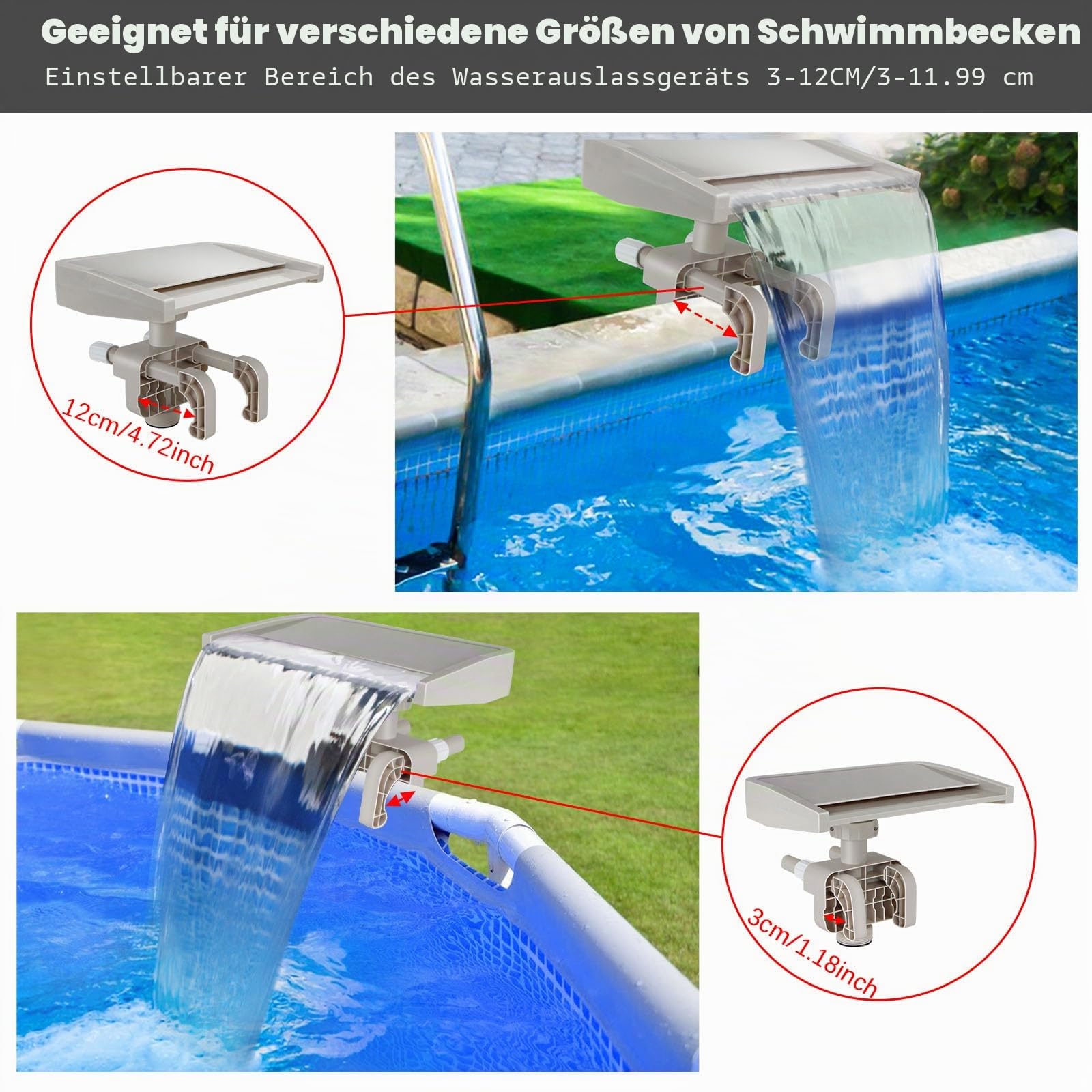 Pool-Wasserfall mit beruhigendem weißem Rauschen für Aufstellpools, betrieben durch Filterpumpe