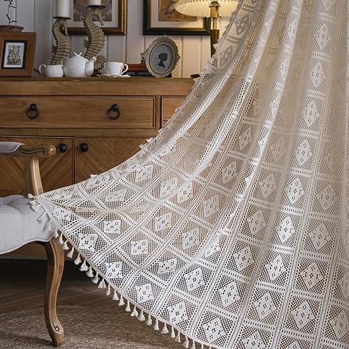 Miniatura 4 de Bringsine Cortinas bohemias de algodón para ventana de sala de estar, dormitorio, cortinas semitransparentes con borlas de macramé, bolsillo para