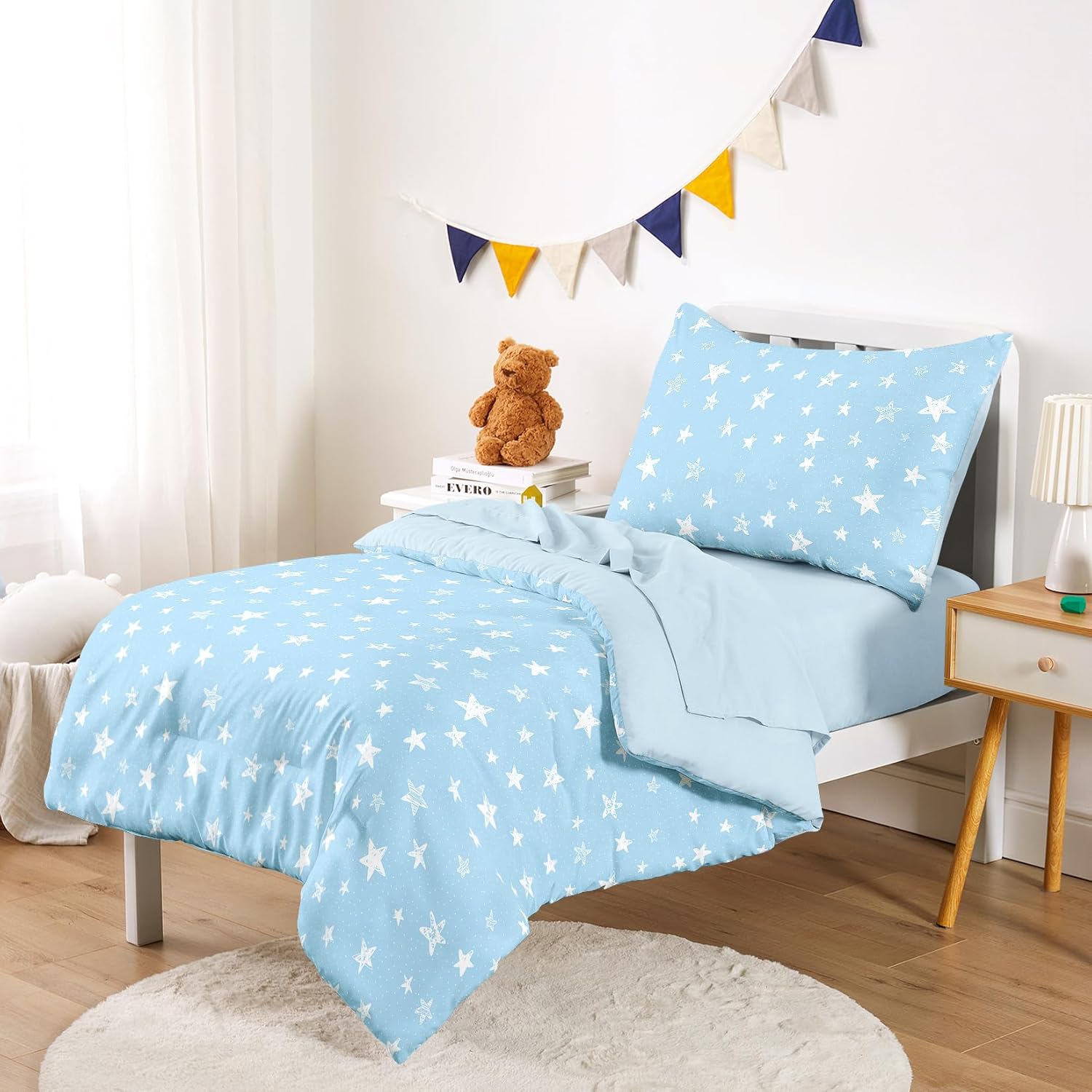 Wake In Cloud - Toddler Bedding Set for Boys Girls, Cute Star Polka Dot, 4 Pieces Soft Crib Bed Set Including Comforter, Sheets and Pillowcase, Sky Blue