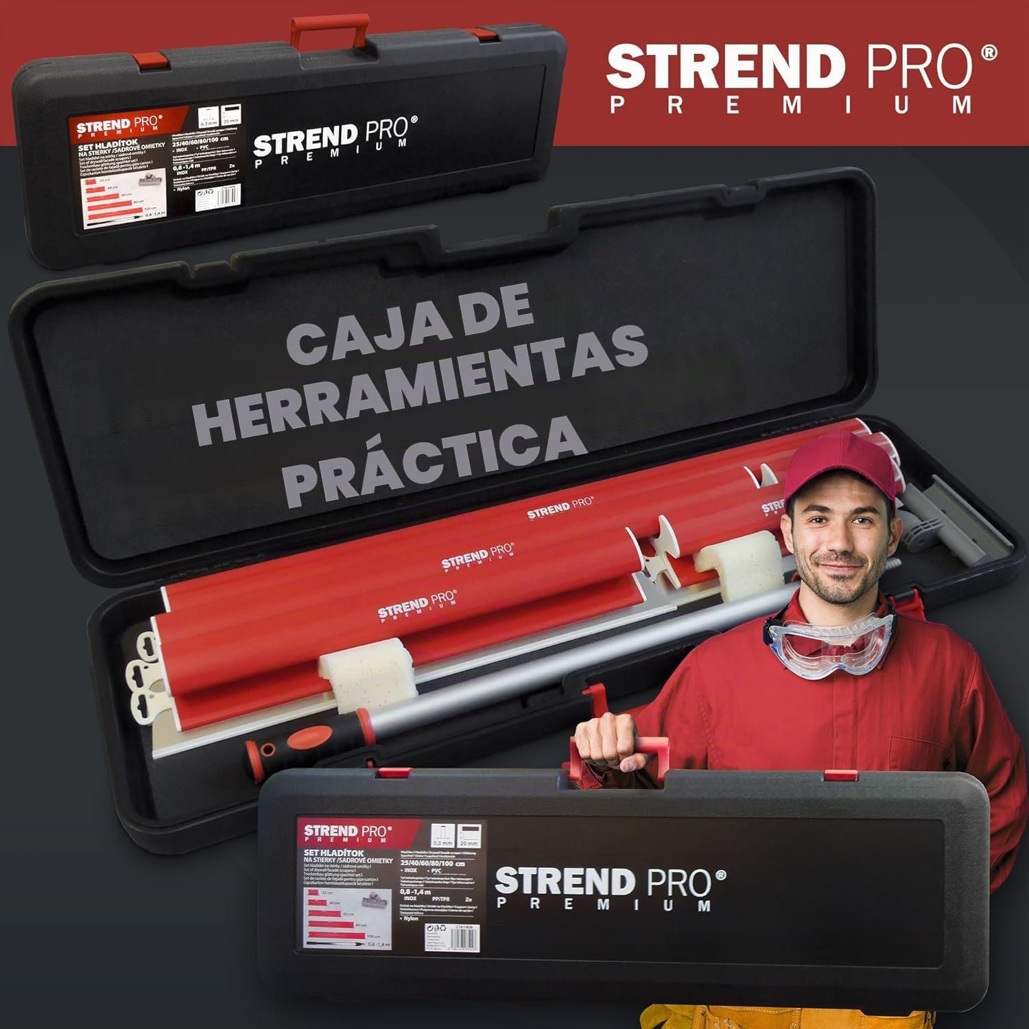STREND PRO Juego de espátulas de superficie Premium V2, incluye espátula para fachadas de 1000 mm, 800 mm, 600 mm, 400 mm, 250 mm, espátula alisadora telescópica, maletín de transporte, juego de