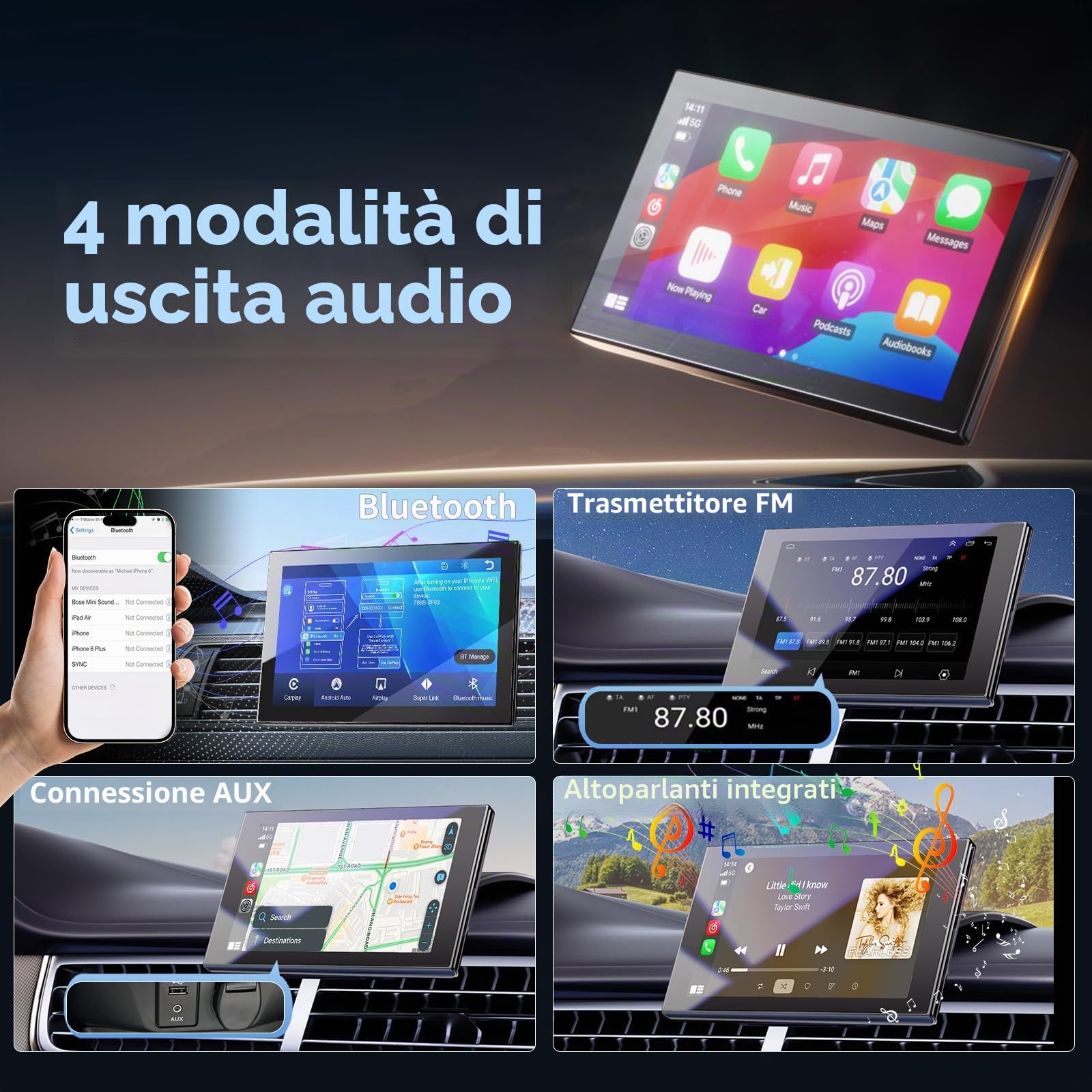 Display Portatile da 7" per Apple CarPlay e Android Auto | Schermo Orientabile Con Telecamera di Retromarcia, Mirror Link, Aggiornamenti OTA, Comando Vocale Bluetooth, per Autovetture