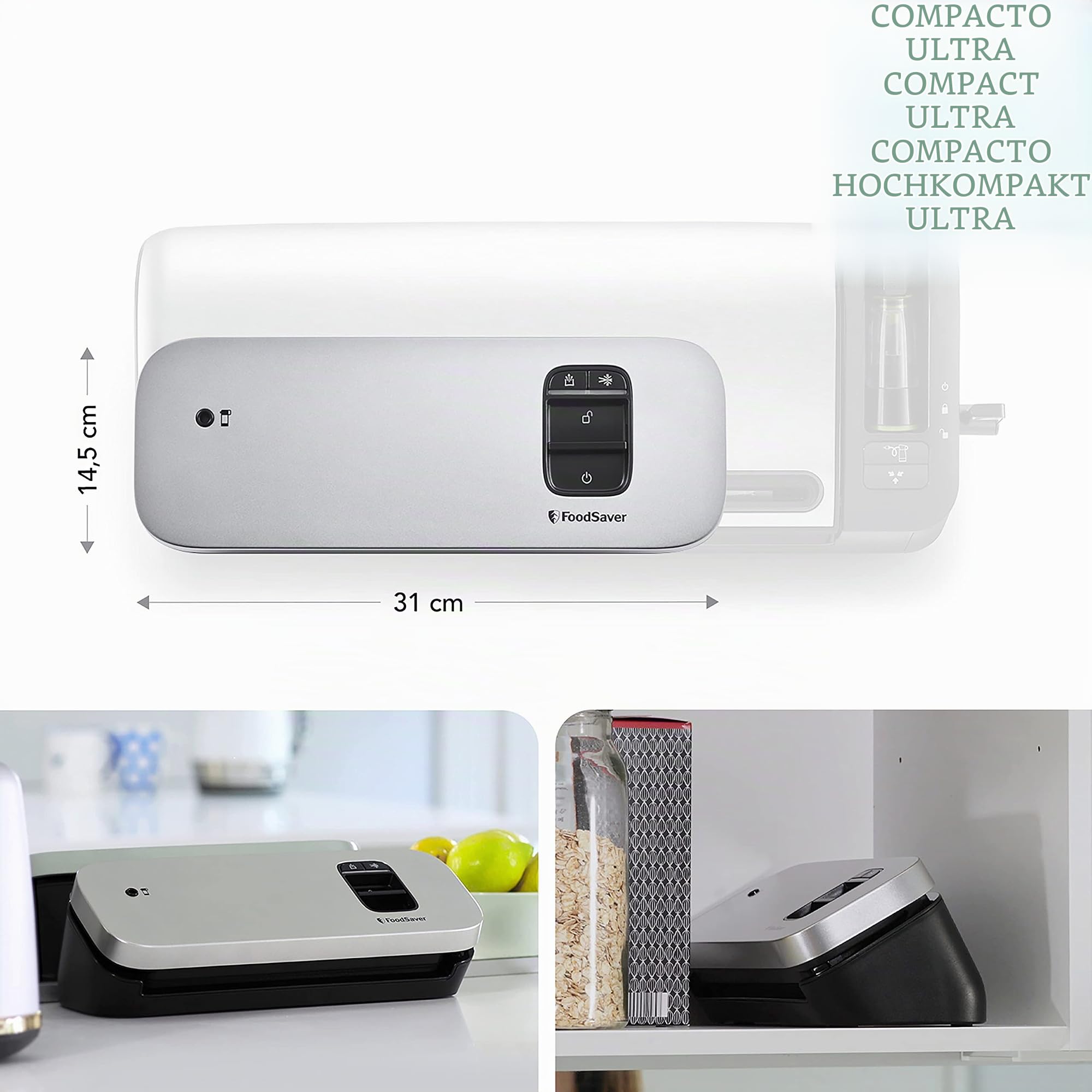 FoodSaver Envasadora al vacío de alimentos compacta | con accesorio sellador manual, 1 rollo pequeño y 5 bolsas pequeñas | color plata con detalles negros [VS1190X]