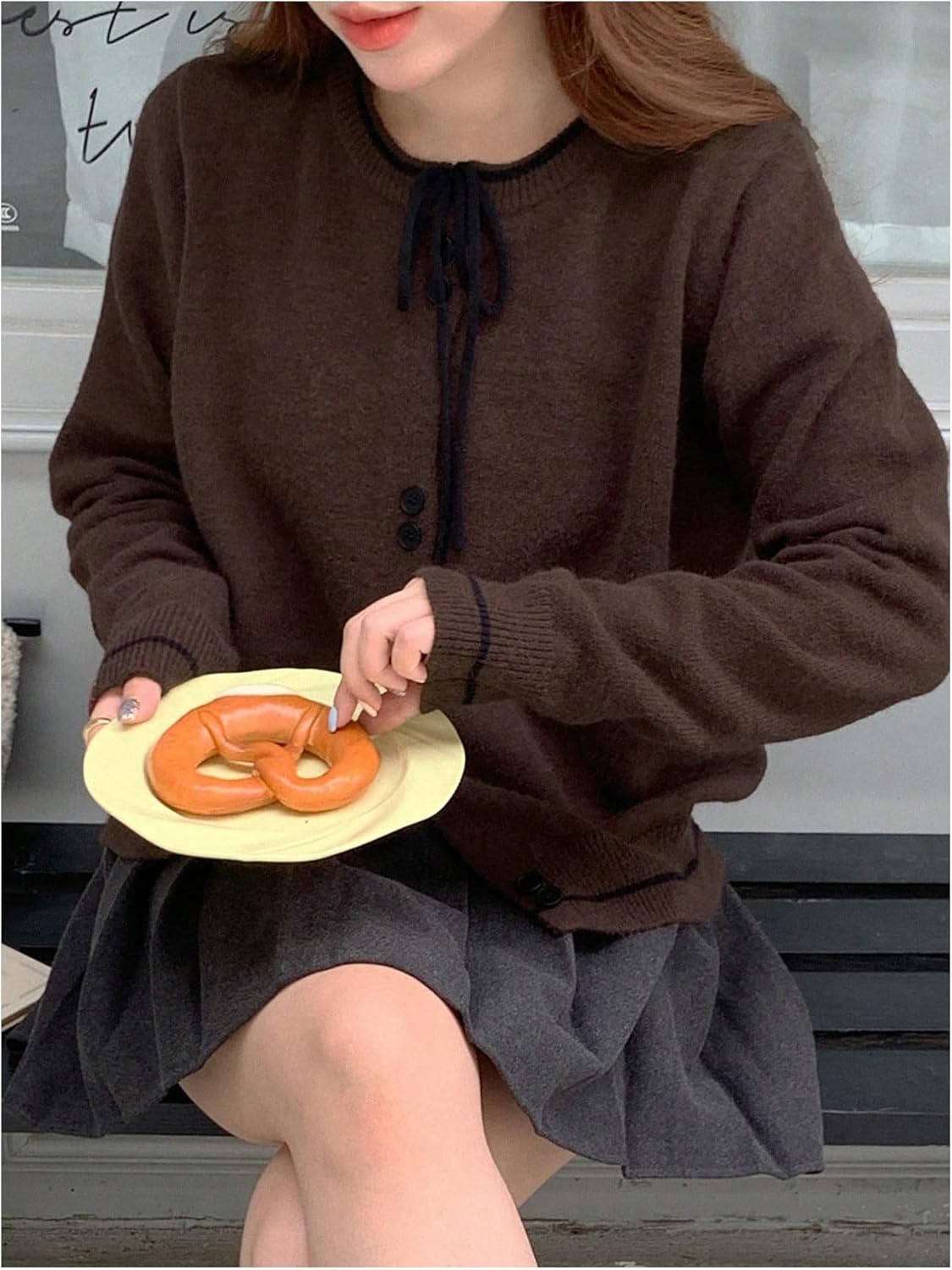 GORGLITTER Women's Bow Button Up Fall Short Cardigan Sweater Dressy Trendy Cute Long Sleeve Cable Knit Light Sweater Top - Image 5