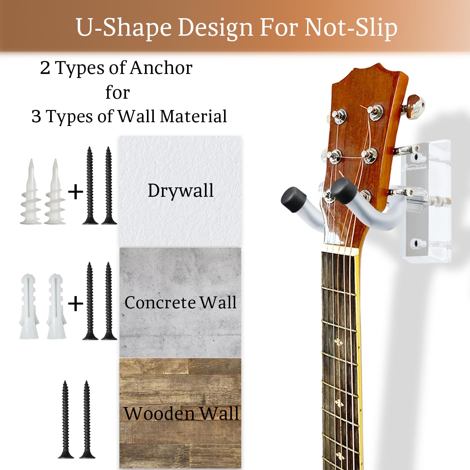 Onmiwod Soporte de pared acrílico para guitarra, soporte de pared de guitarra en forma de U, soporte de pared para guitarra acústica, guitarra eléctrica, banjo, bajo, para guitarristas y hombres