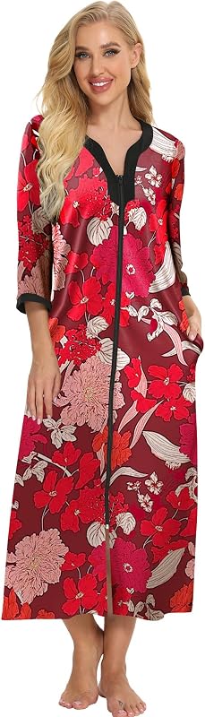 House Dresses for Women Zip Up Robes Soft Cotton Nightgown Half Sleeve House Coat Long Night Gowns Sleepwear