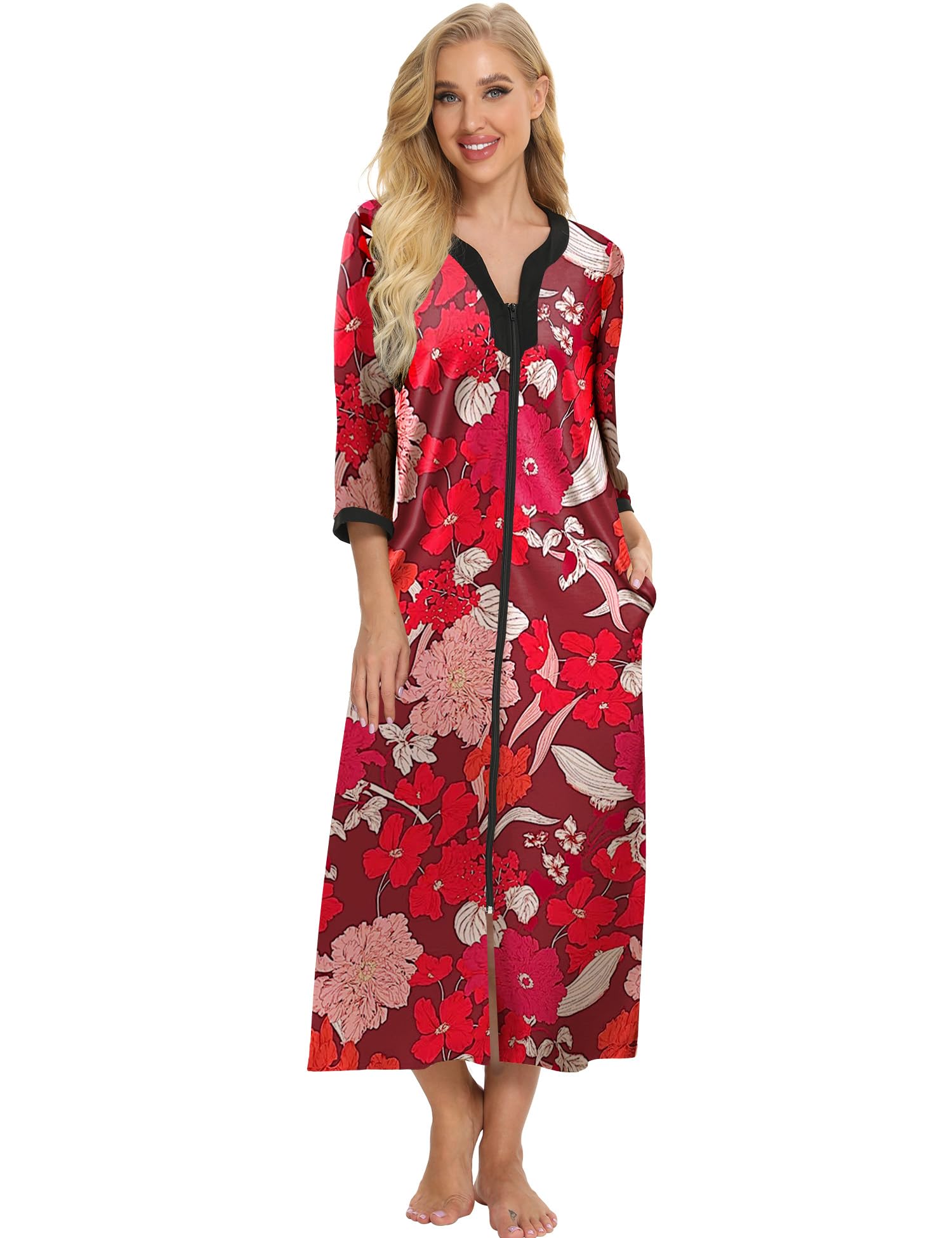 Bloggerlove House Dresses for Women Zip Up Robes Soft Cotton Nightgown Half Sleeve House Coat Long Night Gowns Sleepwear