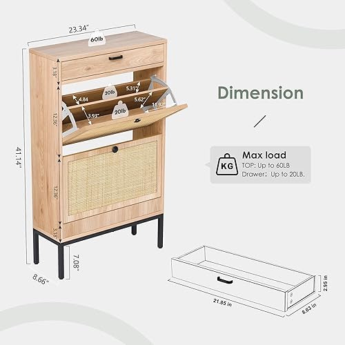 Miniatura 5 de Yechen Zapatero organizador de almacenamiento con 2 puertas rectangulares naturales de ratán, armario de madera para zapatos de entrada, zapatos de