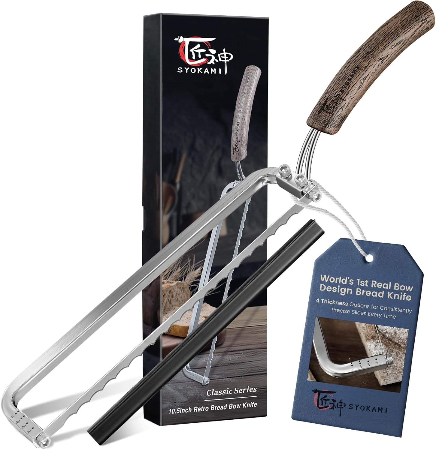 2025 Upgrade Bread Knife for Homemade Bread, World's 1st Real Bow-Design Sourdough Bread Slicer, Razor-Sharp Cutter for Crusty Sourdough & Baguette, 4 Thickness Scale Marks, Ideal for Gift