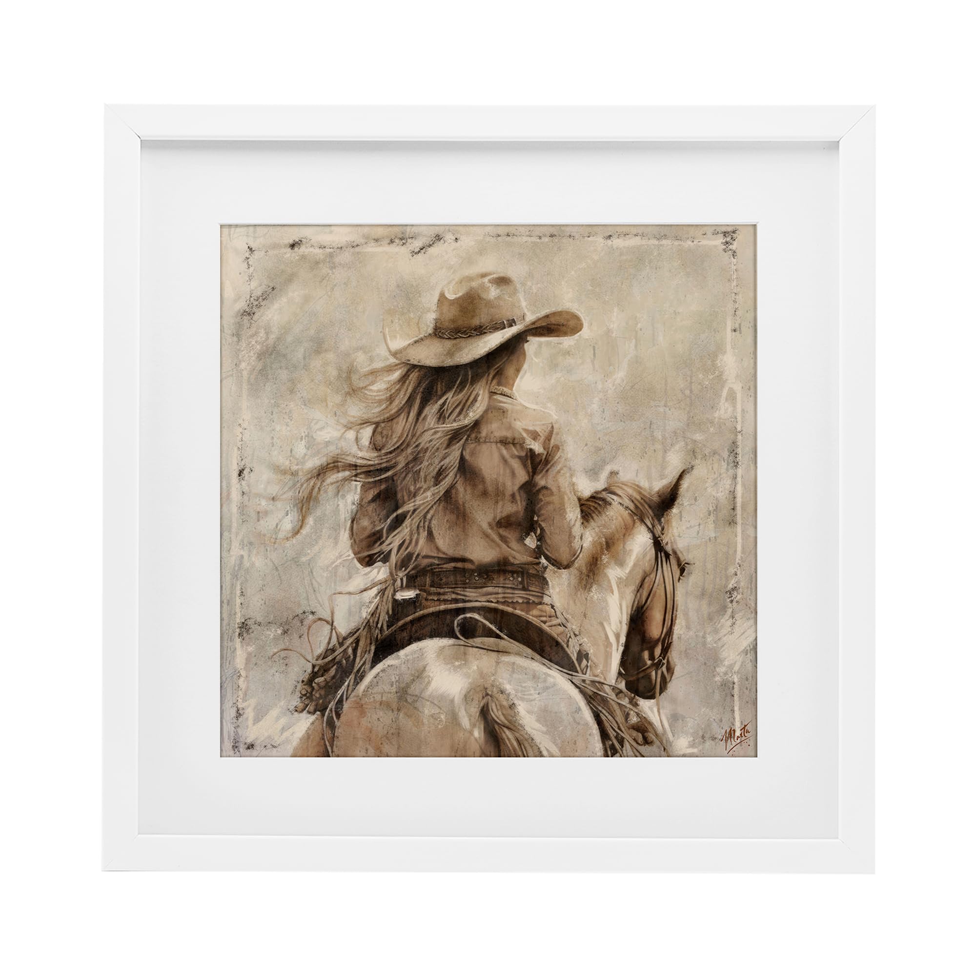 Stupell Industries Coastal White (Textured) Windblown Cowgirl Western Adventure, 16 X 16 Inch Framed Print Under Glass