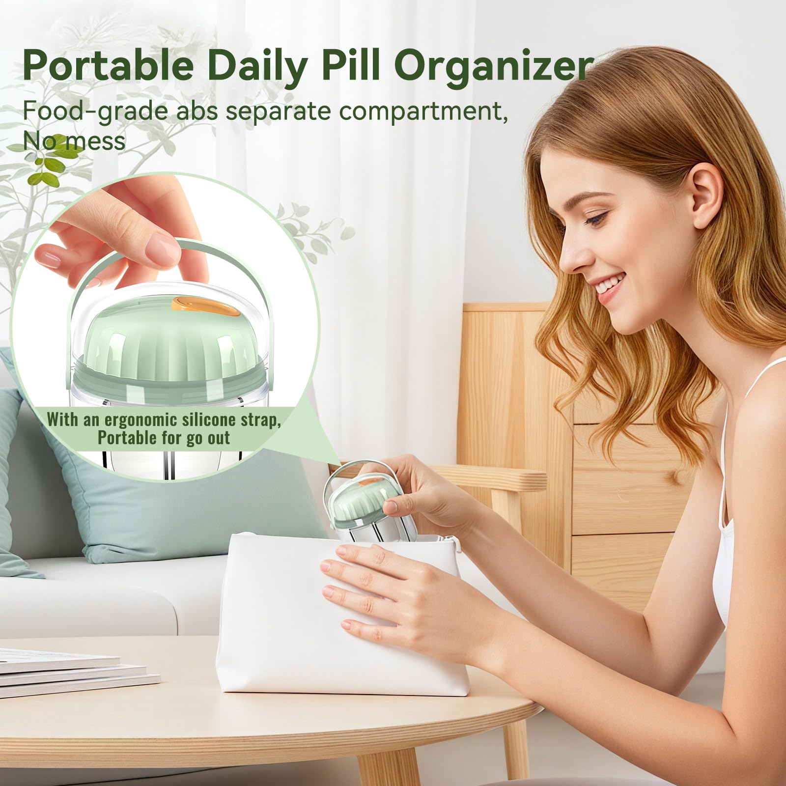 Pilulier hebdomadaire pour 7 jours de voyage sans BPA, résistant à l'humidité, conteneur portable pour vitamines, huiles de poisson, compléments (vert)