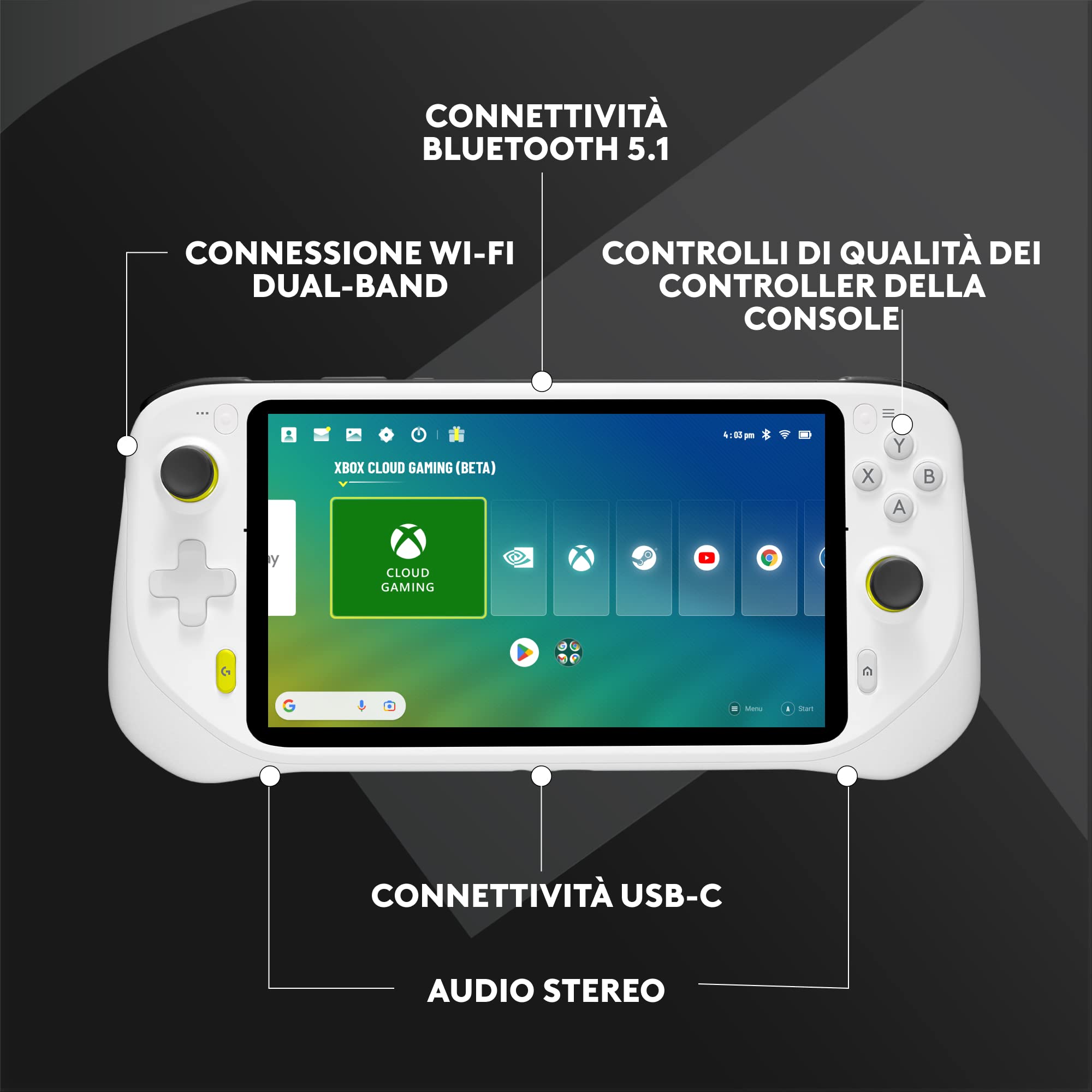 Logitech G Cloud Gaming Handheld, Portable Gaming Console with Long Battery Life, 1080P 7-Inch Touchscreen, Lightweight Design, Xbox Cloud Gaming, NVIDIA GeForce NOW, Google Play - EU plug - White