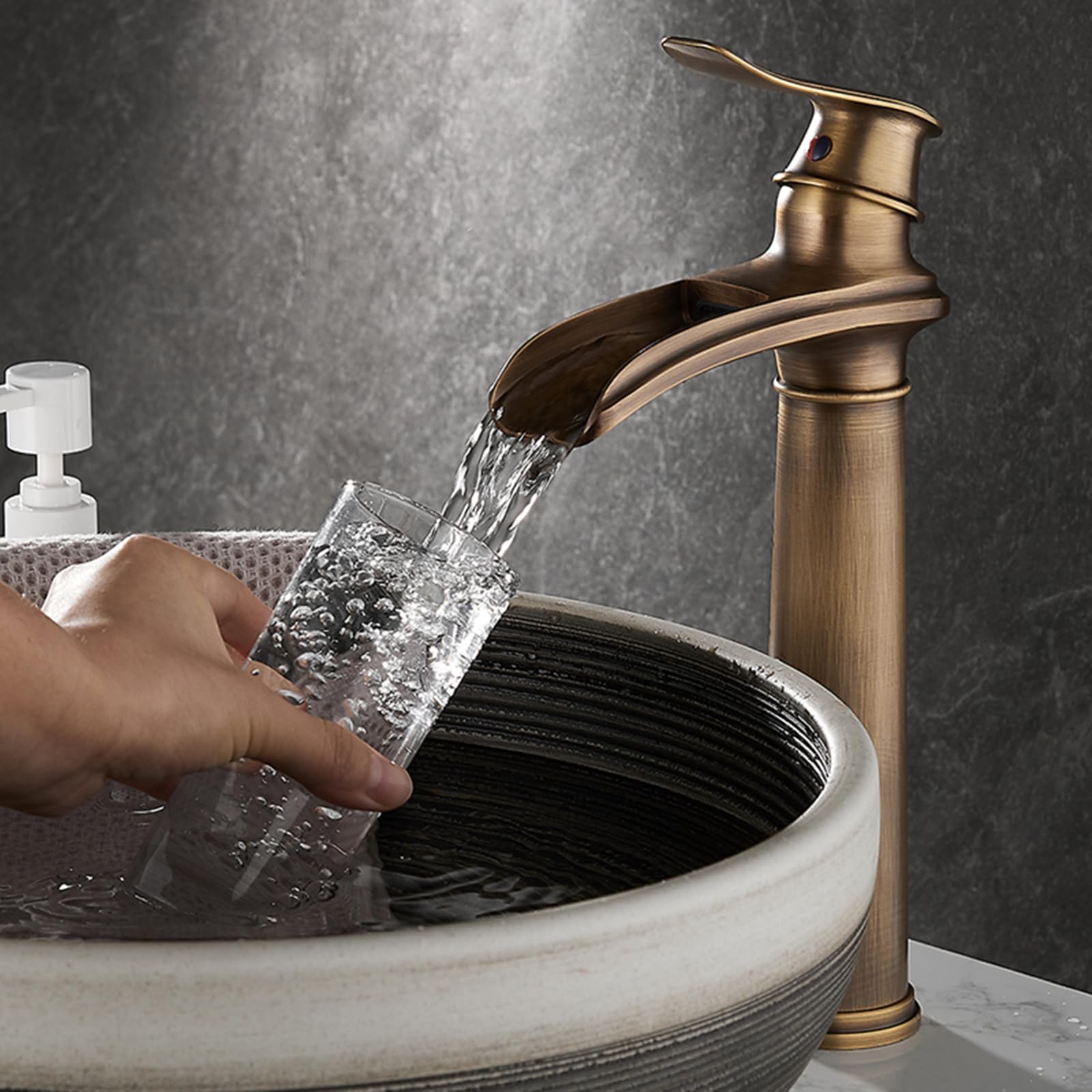 Robinet de Lavabo Cascade,Robinet de Salle de Bain,Mitigeur de Lavabo Antique, Robinetterie de Lavabo en Laiton (Bronze Antique, long)